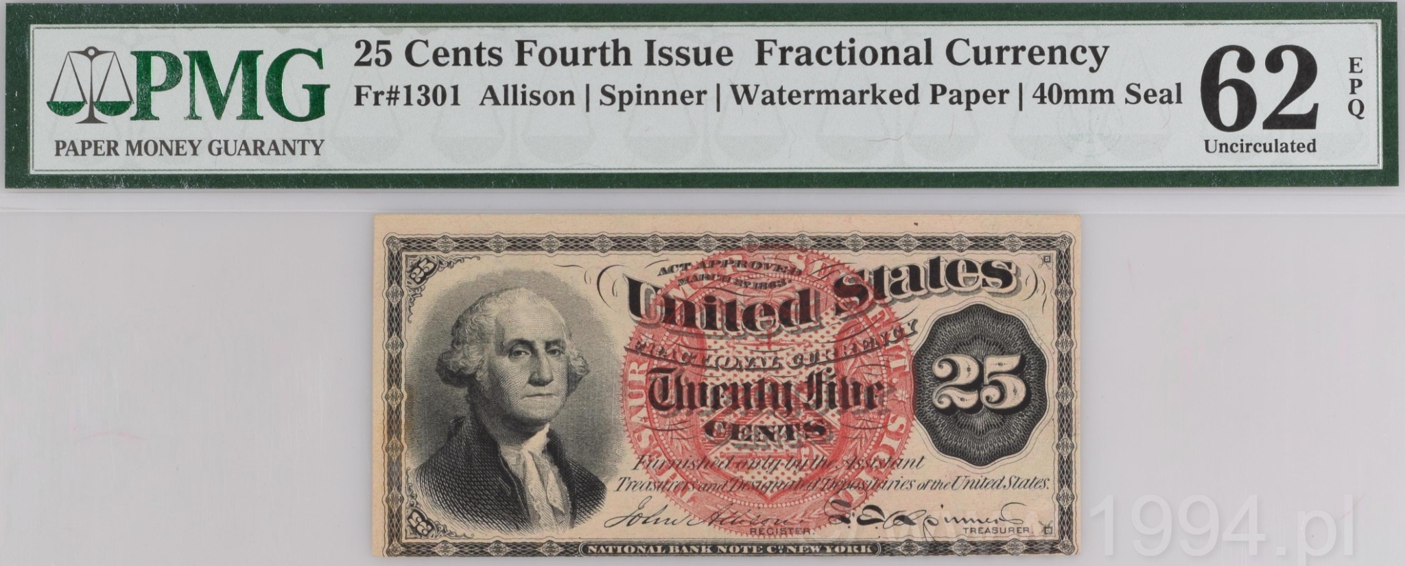 United States 1874 25 Cents Fourth Issue Fractional Currency Allison Spinner watermarked paper 40mm red seal PMG 62 EPQ Uncirculated