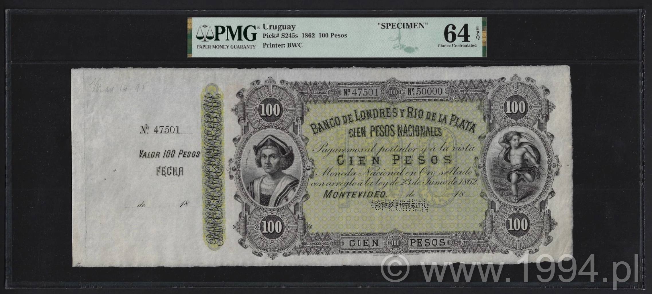 Uruguay 1862 Banco de Londres y Río de la Plata 100 Pesos Pick S245s specimen, perforated SPECIMEN, engraved by Bradbury Wilkinson & Co., graded PMG 64 EPQ