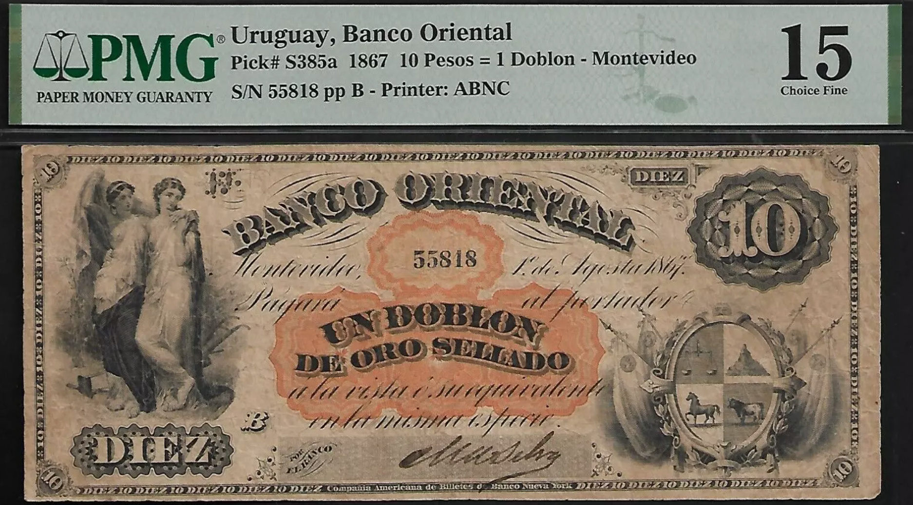 Uruguay 1867 Banco Oriental 10 Pesos Hand-Signed Serial 55818