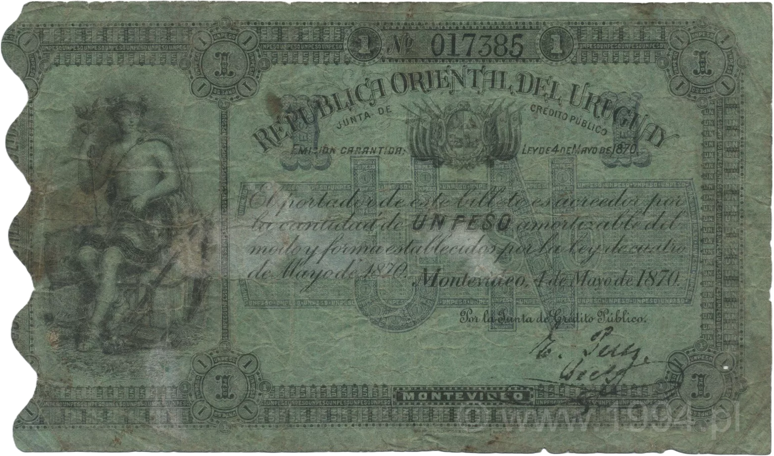 Uruguay 1870 1 Peso Junta de Crédito Público, Signed Ruy West, Serial 017385