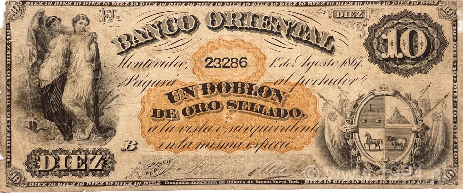 Uruguay 1871 Banco Oriental 10 Pesos Dual Hand Signature Serial 23286