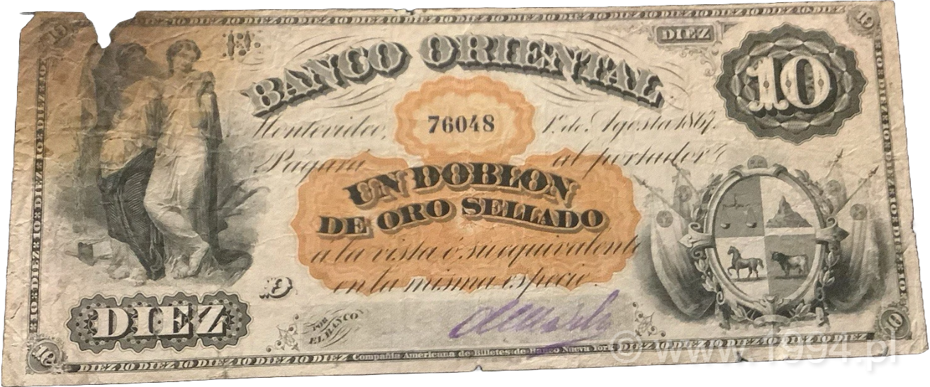 Uruguay 1871 Banco Oriental 10 Pesos Facsimile Signature Serial 76048