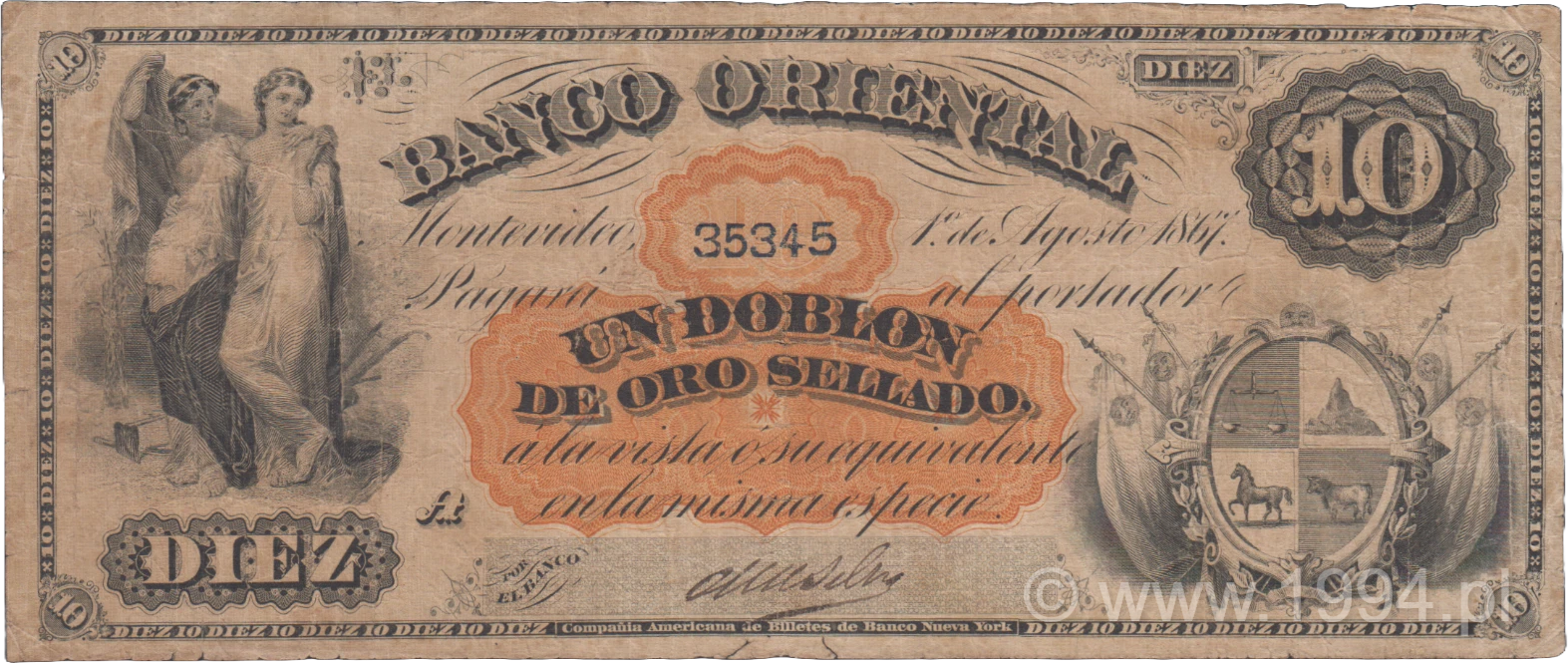 Uruguay 1871 Banco Oriental 10 Pesos Transitional Hand Signature Serial 35345