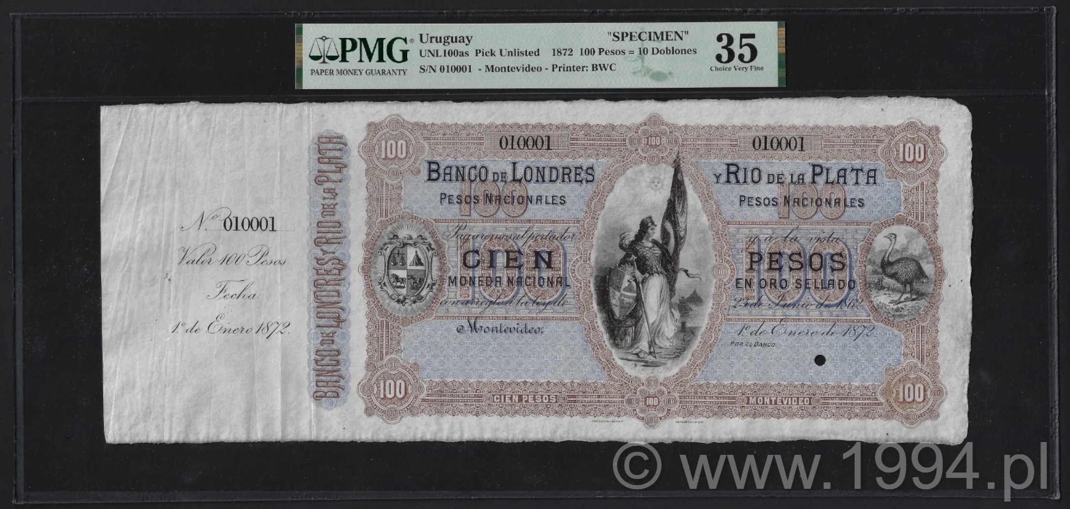 Uruguay 1872 100 Pesos equals 10 Doblones specimen, PMG 35 AU