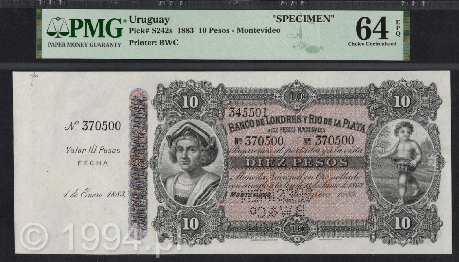 Uruguay 1883 Banco de Londres y Rio de la Plata 10 Pesos specimen Pick S242s, Bradbury Wilkinson & Co., separate control number 345501, number 370500 repeated on counterfoil and principal note, retained counterfoil, perforated SPECIMEN BW & Co LONDON, Christopher Columbus portrait, child vignette, ornate brown-red reverse with opposing classical female profiles, PMG 64 EPQ Top Pop