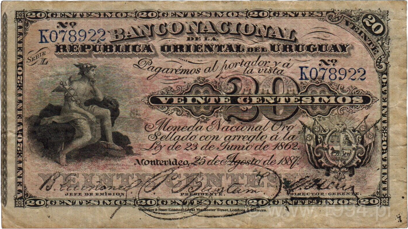Uruguay 1887 Banco Nacional de la Republica Oriental del Uruguay 20 Centesimos Pick A88c issued note serial K078922 with mechanically printed signatures and Mercury vignette