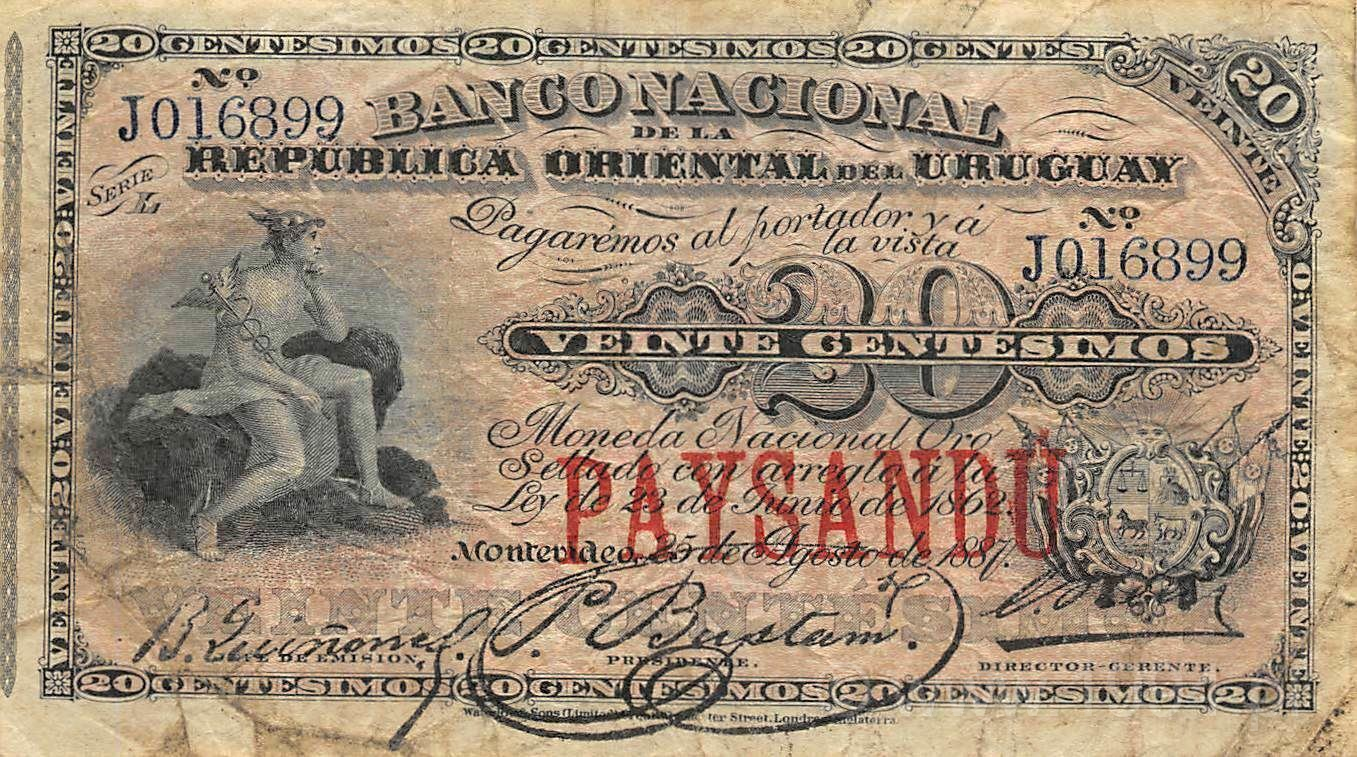 Uruguay 1887 Banco Nacional de la Republica Oriental del Uruguay 20 Centesimos Pick A88c issued note serial J016899 with red PAYSANDO branch overprint