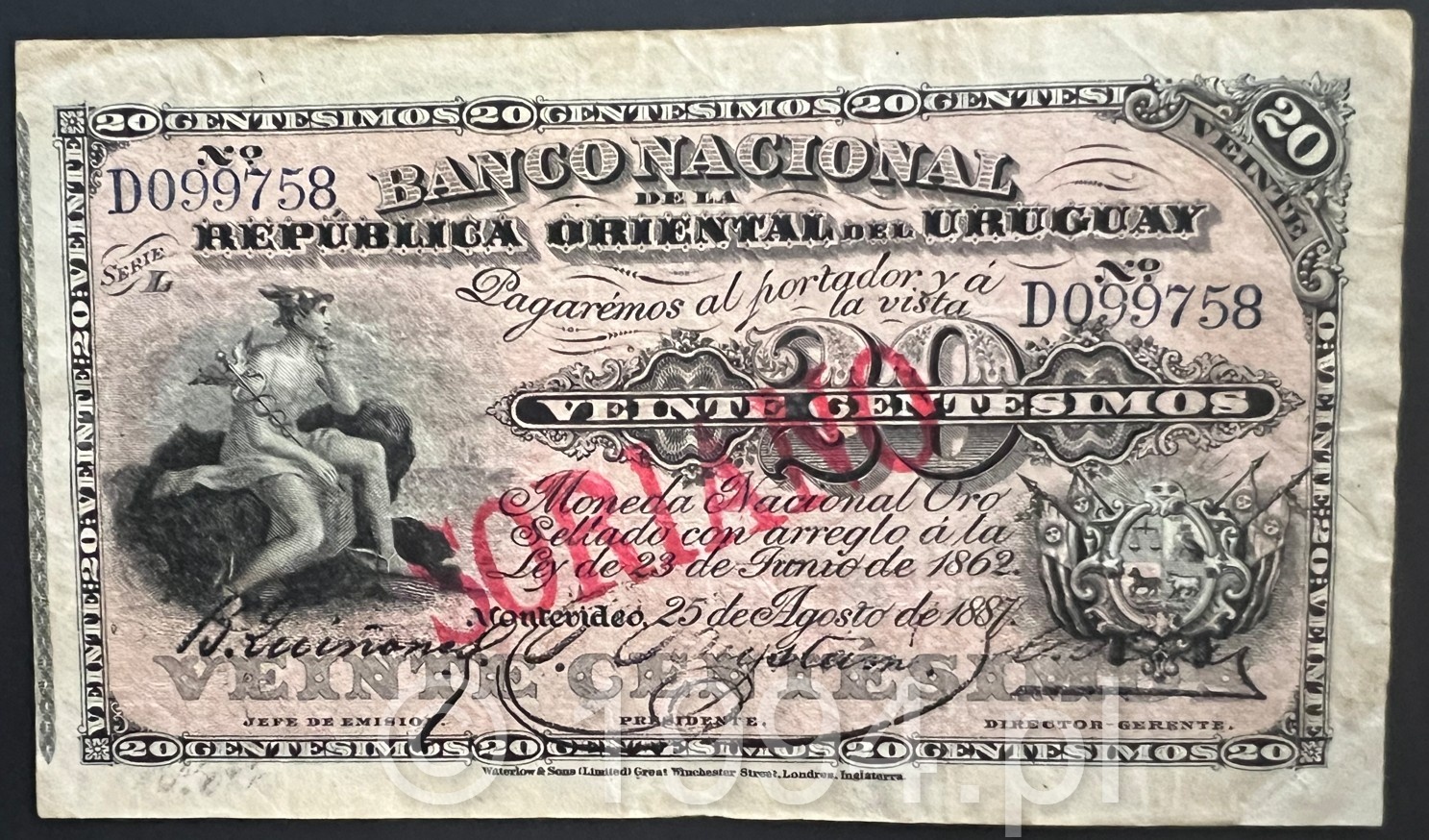 Uruguay 1887 Banco Nacional de la Republica Oriental del Uruguay 20 Centesimos Pick A88c issued note serial D099758 with red SORIANO branch overprint