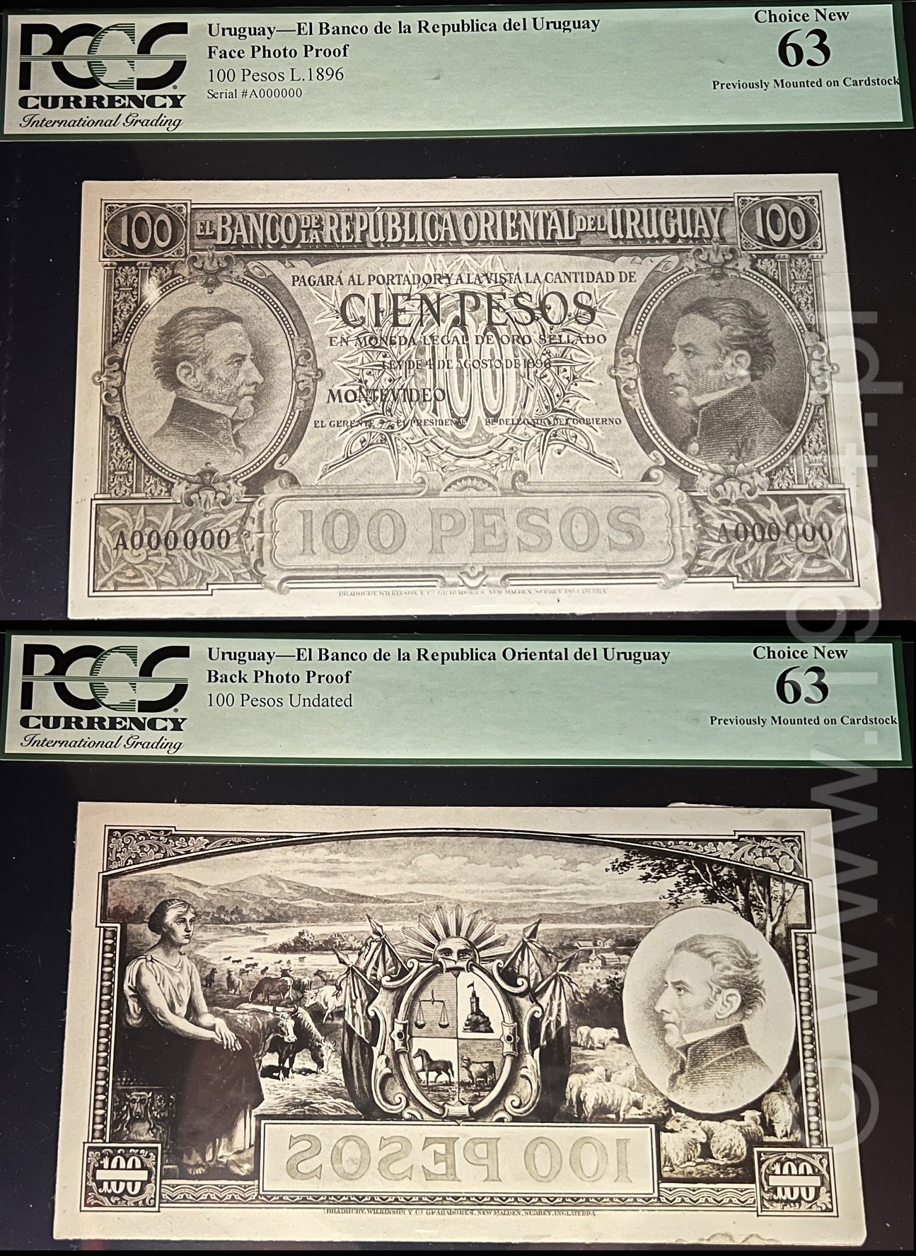 Uruguay 1896 Banco de la República Oriental del Uruguay 100 Pesos black photo proof pair, face and back, ABNC archival engraver's approval proofs graded PCGS 63 Choice New