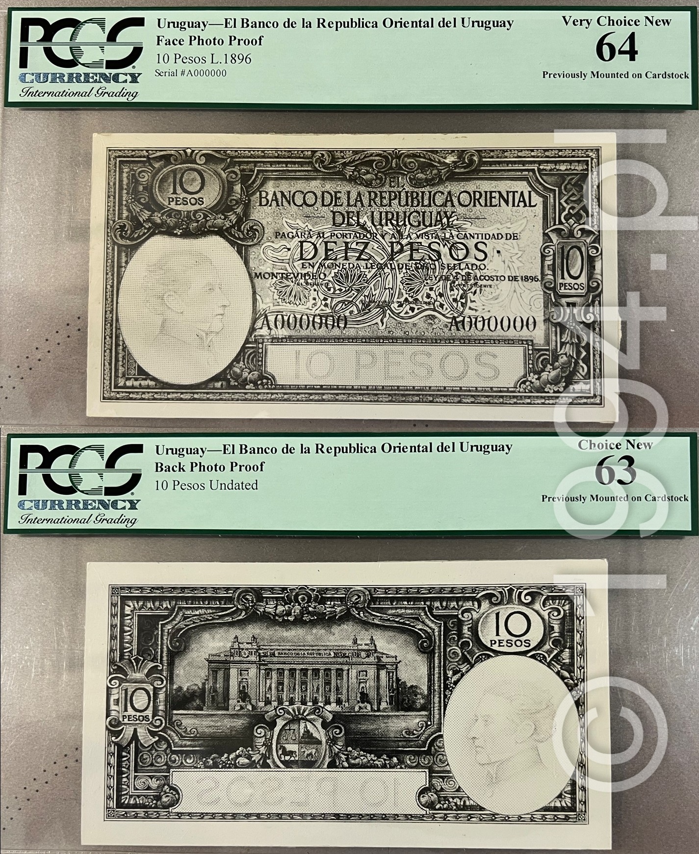 Uruguay 1896 Banco de la Republica Oriental del Uruguay 10 Pesos Series A photographic proof pair by Bradbury, Wilkinson and Company Limited, with paired A000000 all-zero serial numbers, DEIZ PESOS denomination spelling, locomotive vignette, gold-standard obligation, Banco de la Republica Oriental del Uruguay headquarters, national arms, portrait studies, and archival reference marking, face certified PCGS 64 Very Choice New and reverse certified PCGS 63 Choice New