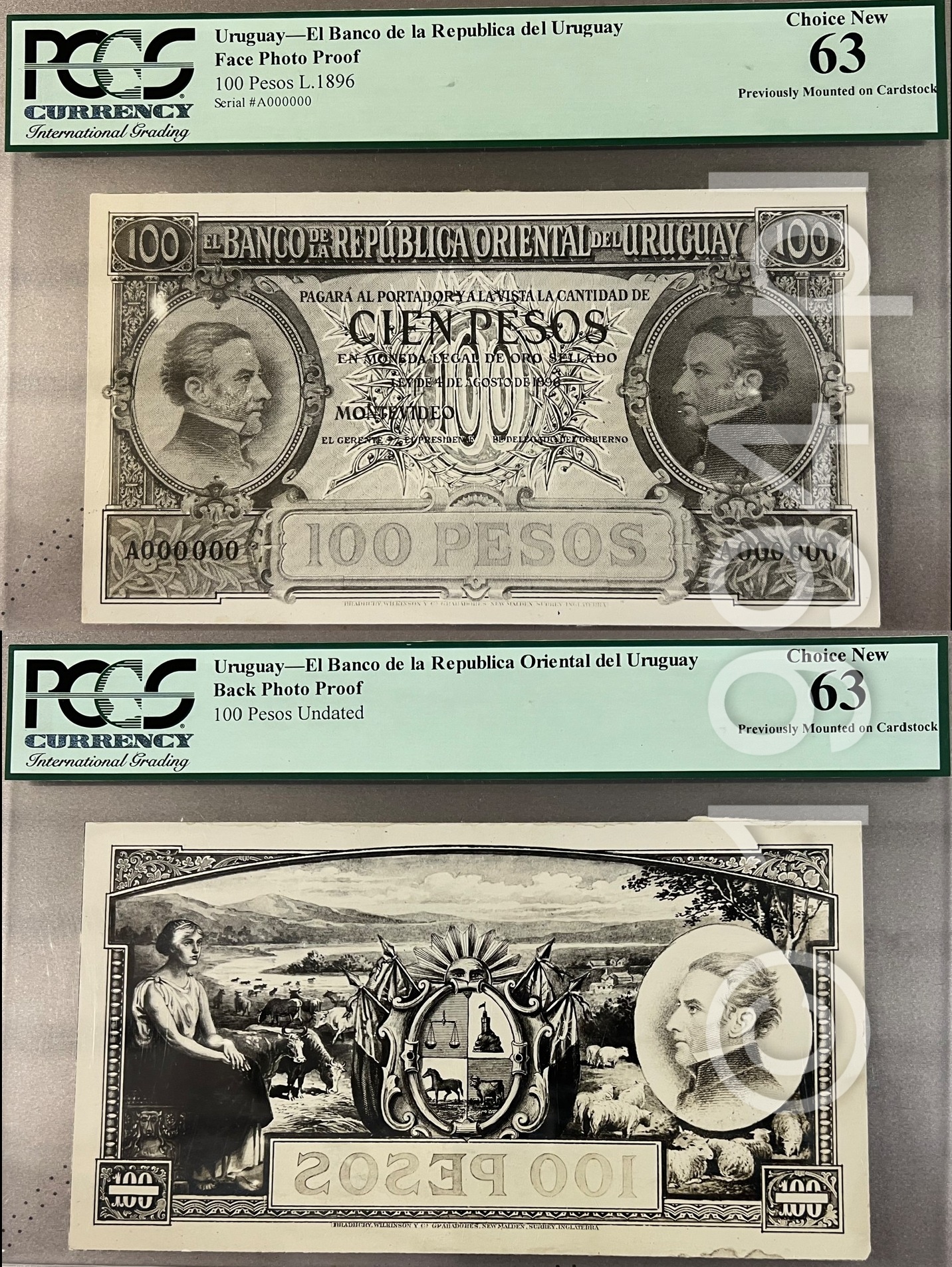 Uruguay 1896 Banco de la Republica Oriental del Uruguay 100 Pesos Series A photographic proof pair by Bradbury, Wilkinson and Company Limited, with paired A000000 all-zero serial numbers, portraits of Juan Antonio Lavalleja and Manuel Oribe on the face, Fructuoso Rivera on the reverse, national coat of arms, agricultural allegory, livestock landscape, and mirrored archive number 20239 001, certified PCGS 63 Choice New