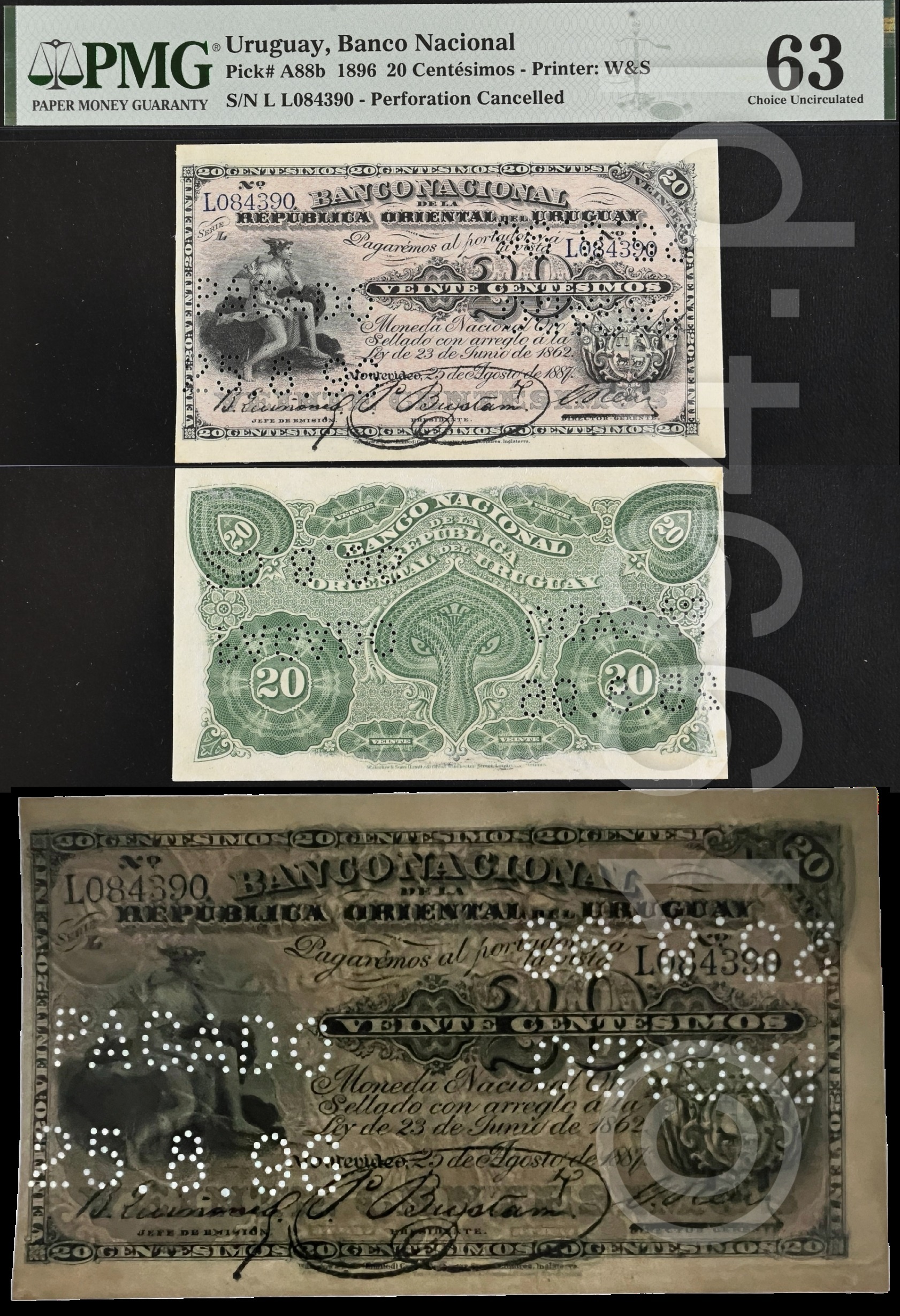 Uruguay 1896 Banco Nacional de la Republica Oriental del Uruguay 20 Centesimos Pick A88b issued note serial L084390 with perforated PAGADO 25.8.96 redemption cancel mirrored on both sides