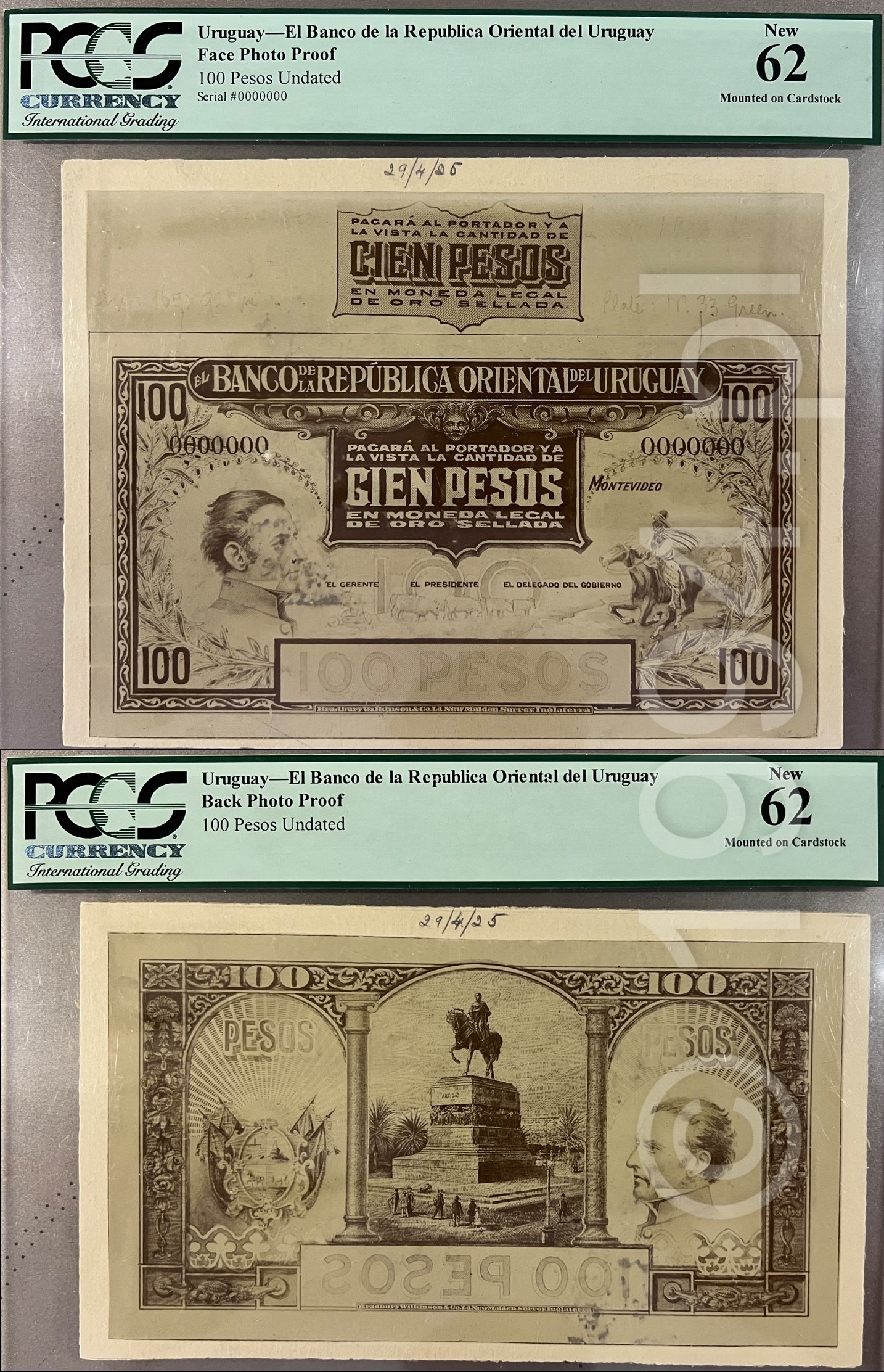 Uruguay Banco de la Republica Oriental del Uruguay 100 Pesos photographic proof pair dated 29 April 1925, face and reverse mounted on original cardstock, paired all-zero serial numbers, separate denomination study, Plate 1C and 33 Green production notation, Jose Gervasio Artigas portrait, mounted patriot vignette, Monumento a Artigas, Joaquin Suarez portrait, and mirrored archival tracking number, certified PCGS 62 New