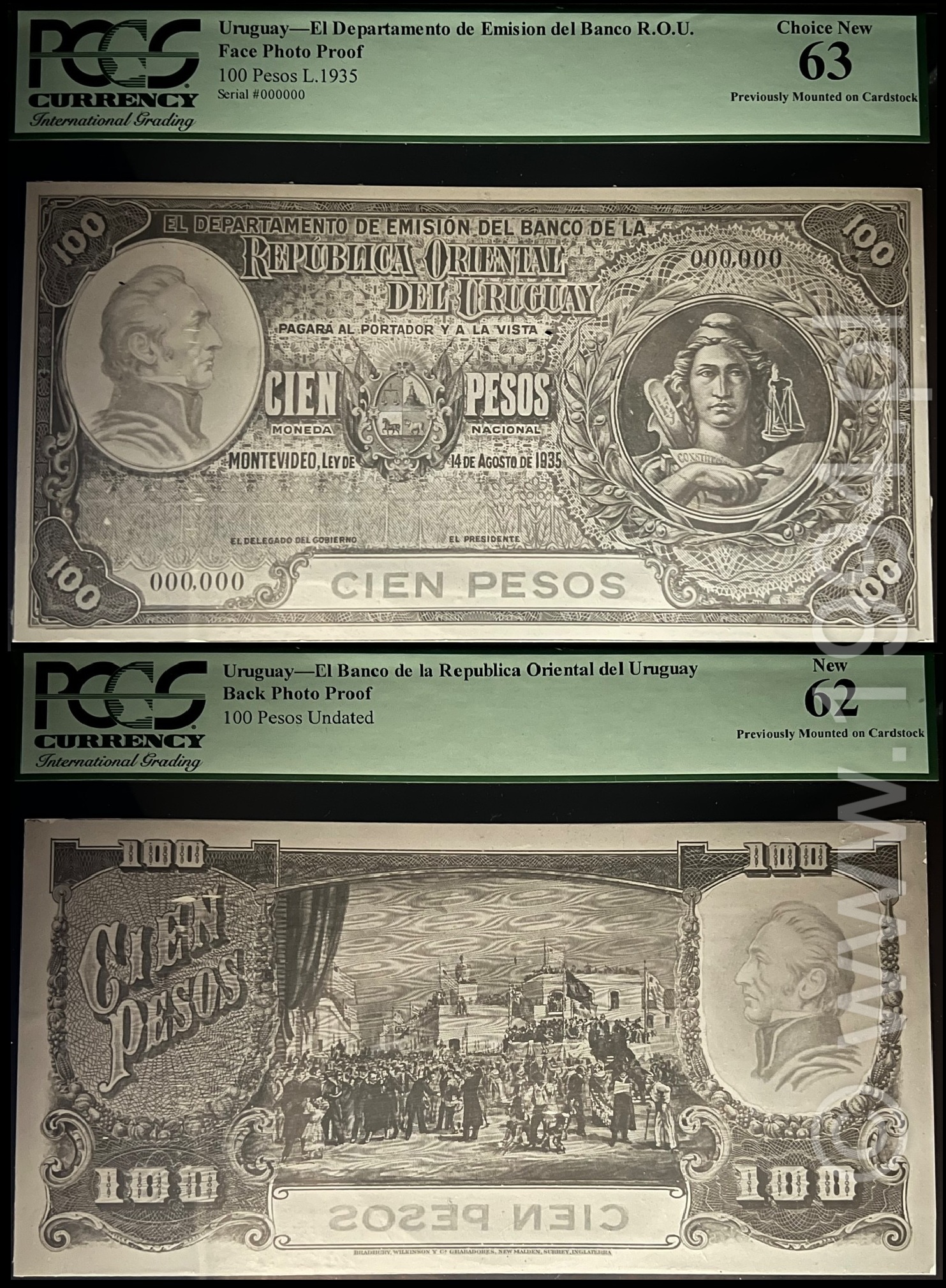 Uruguay 1935 Departamento de Emisión 100 Pesos photo proof pair, face PCGS 63 and back PCGS 62, ABNC archival engraver's proofs