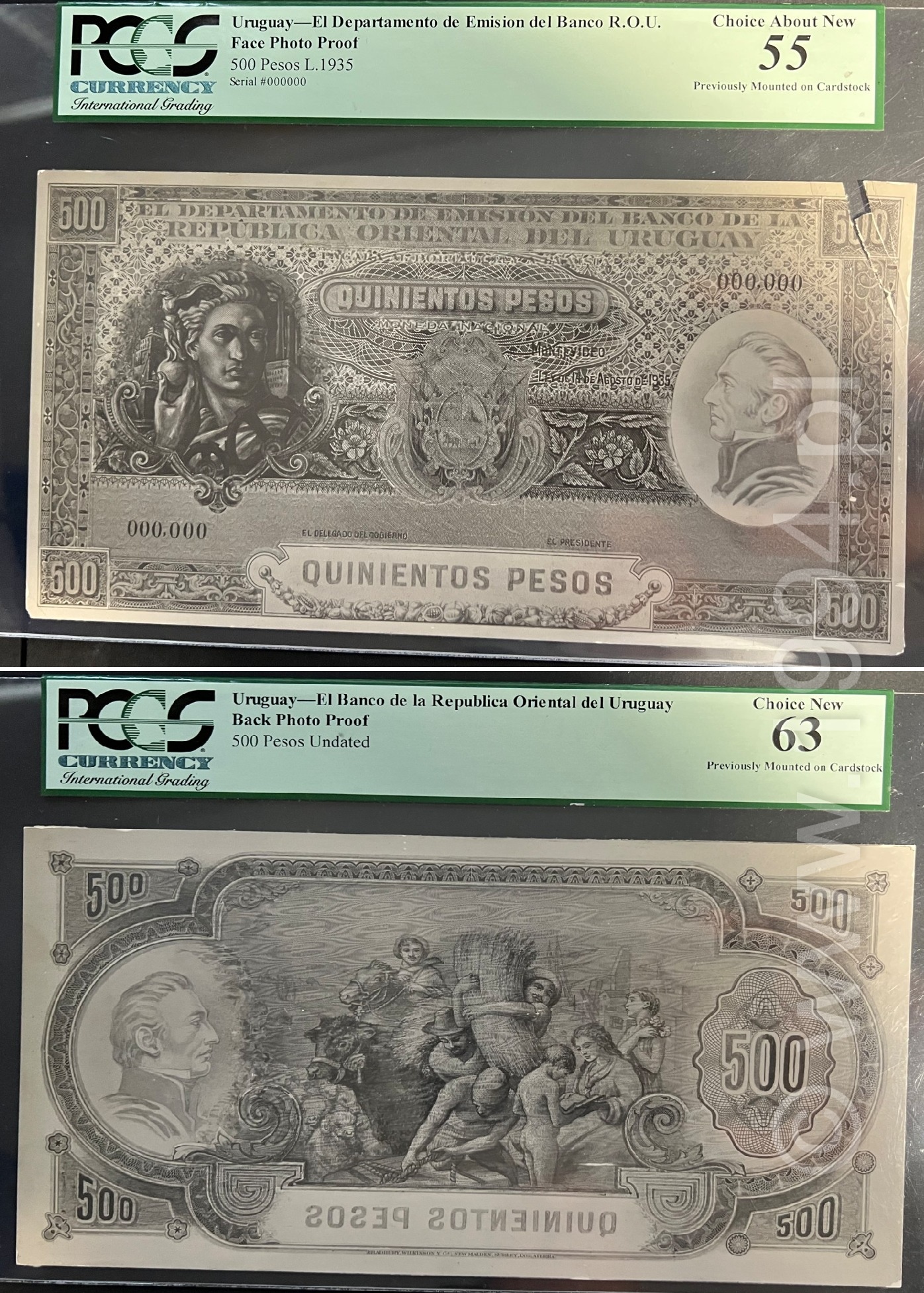 Uruguay 1935 Departamento de Emisión del Banco de la República Oriental del Uruguay 500 Pesos large-format photographic proof pair, face PMG 55 and back PMG 63, mounted on card