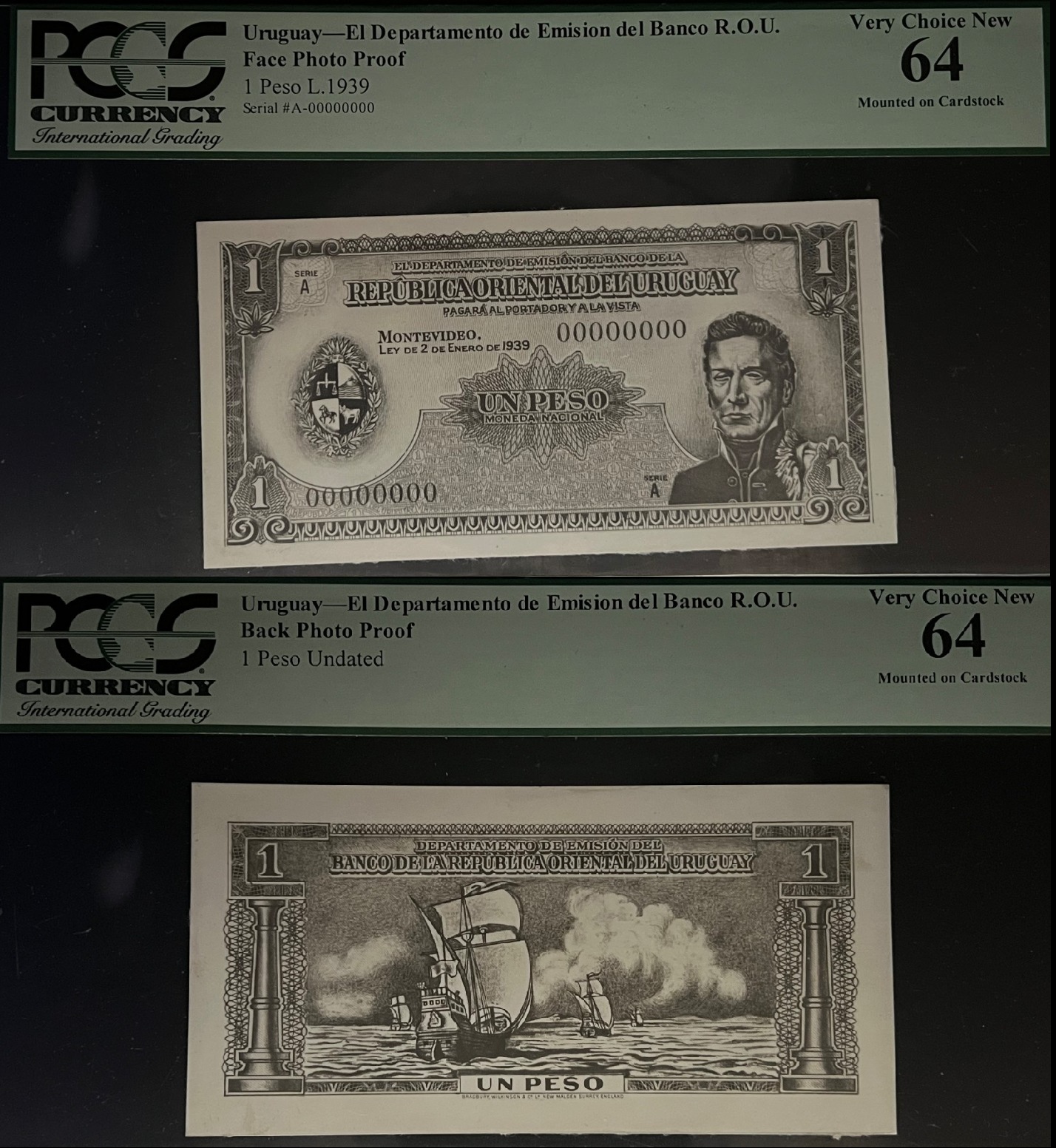 Uruguay 1939 Departamento de Emisión del Banco de la República Oriental del Uruguay one peso photographic proof pair, American Bank Note Company, mounted on cardstock, PCGS 64 Very Choice New, face and back