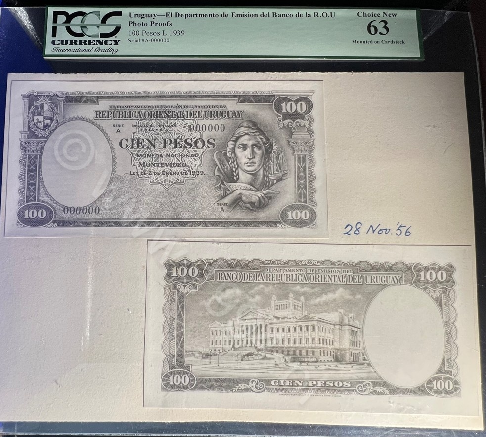 Uruguay 1939 Departamento de Emisión del Banco de la República Oriental del Uruguay 100 Pesos photographic proof pair, ABNC, PCGS 63 Choice New, mounted on card, face and back