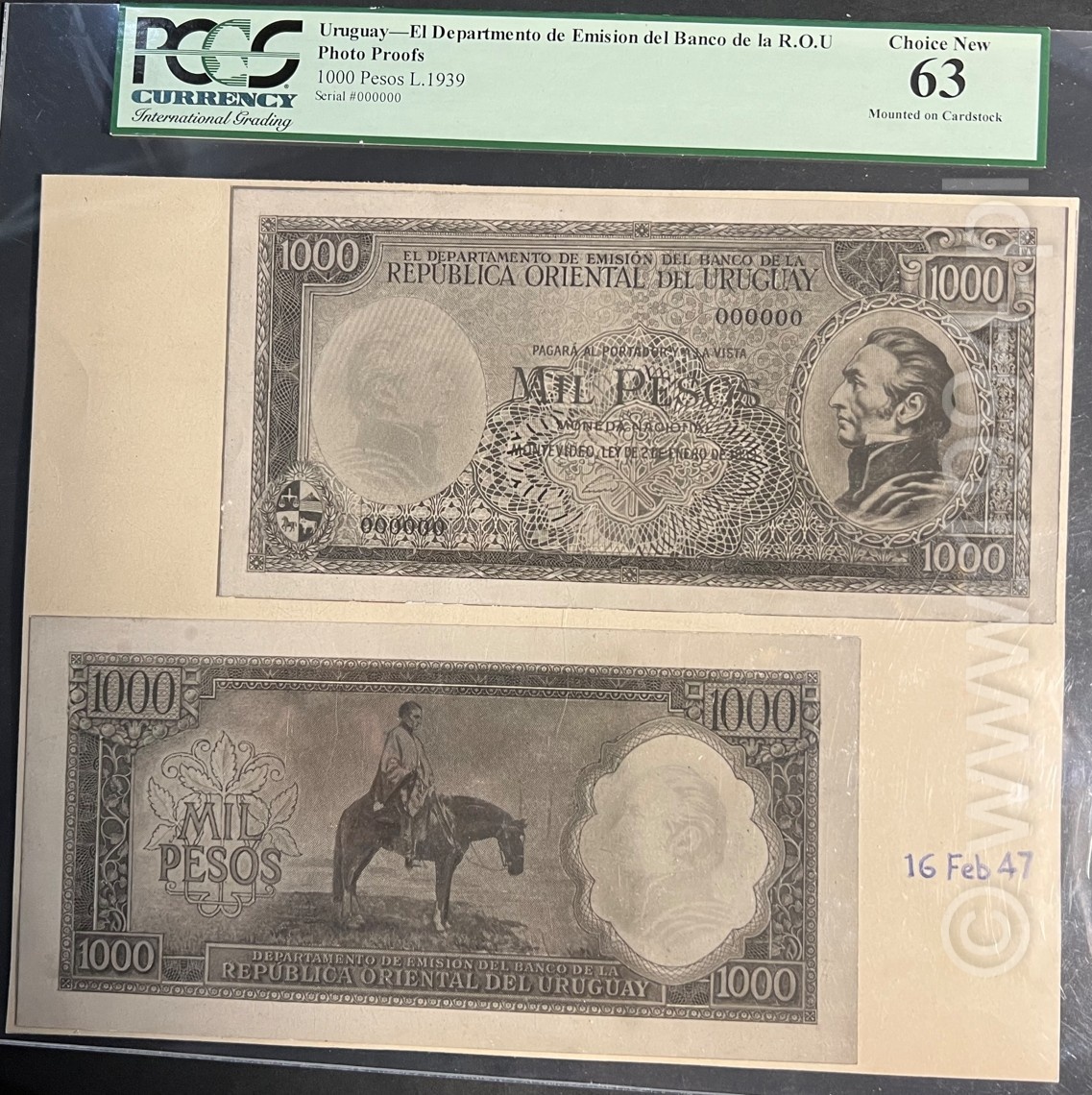 Uruguay 1939 Departamento de Emisión del Banco de la República Oriental del Uruguay 1,000 Pesos large-format photographic proof pair, ABNC, PCGS 63 Choice New, mounted on card, face and back