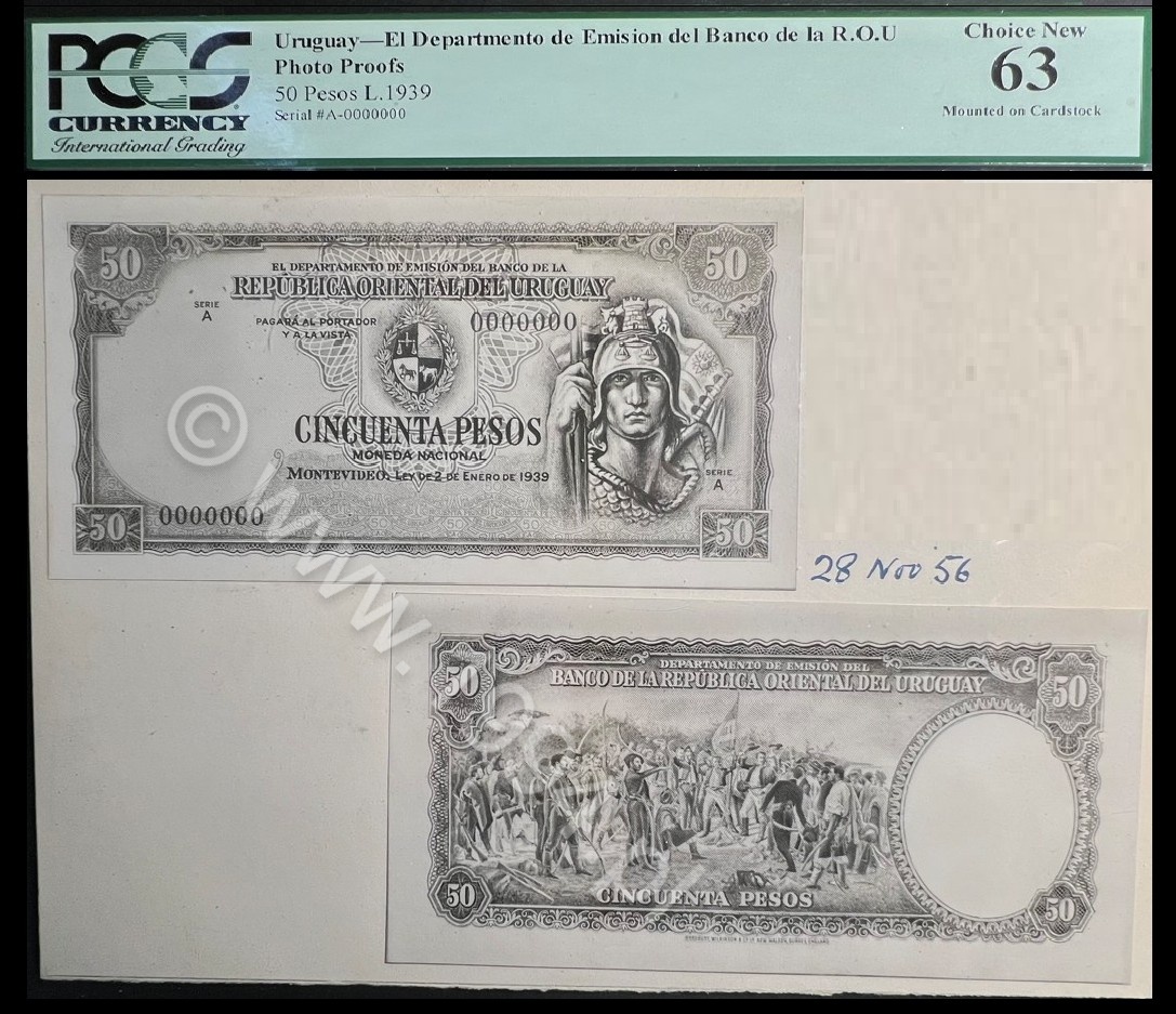 Uruguay 1939 Departamento de Emisión del Banco de la República Oriental del Uruguay 50 Pesos photographic proof pair, ABNC, PCGS 63 Choice New, mounted on card, face and back