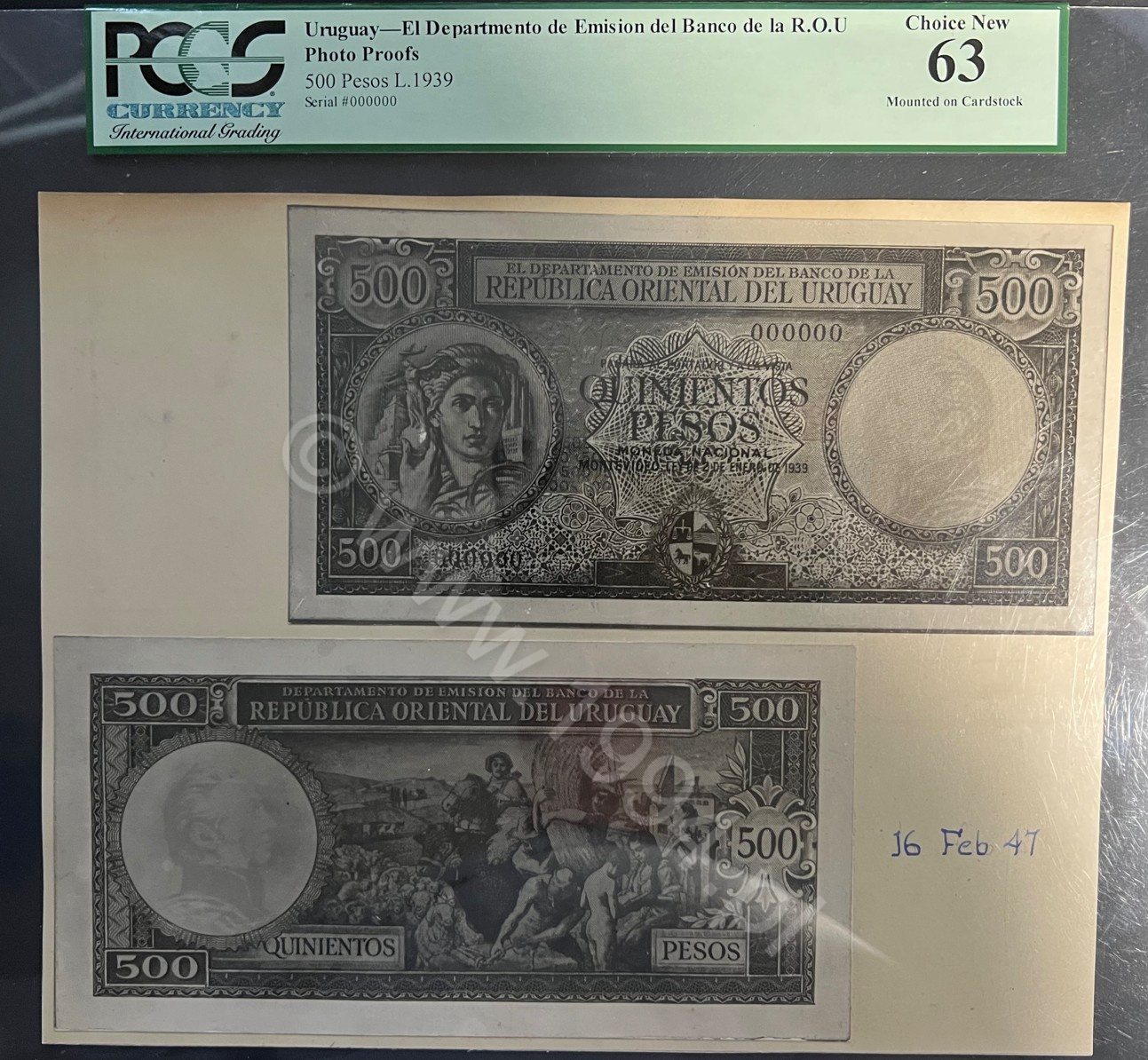 Uruguay 1939 Departamento de Emisión del Banco de la República Oriental del Uruguay 500 Pesos photographic proof pair, ABNC, PCGS 63 Choice New, mounted on card, face and back