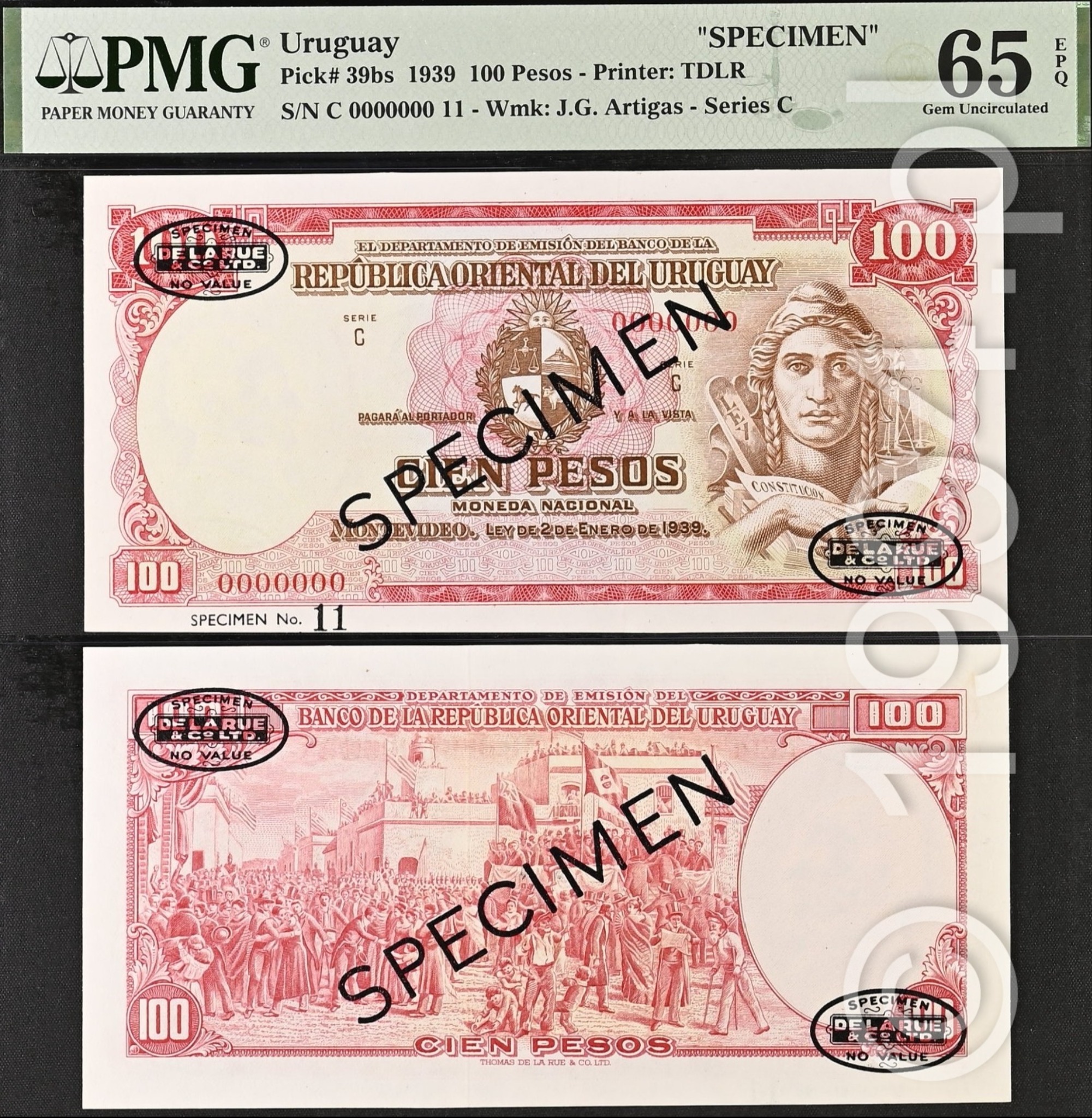 Uruguay 1939 Banco de la Republica Oriental del Uruguay 100 pesos specimen Pick 39bs Serie C with black diagonal SPECIMEN overprint and oval De La Rue NO VALUE control stamps on both sides