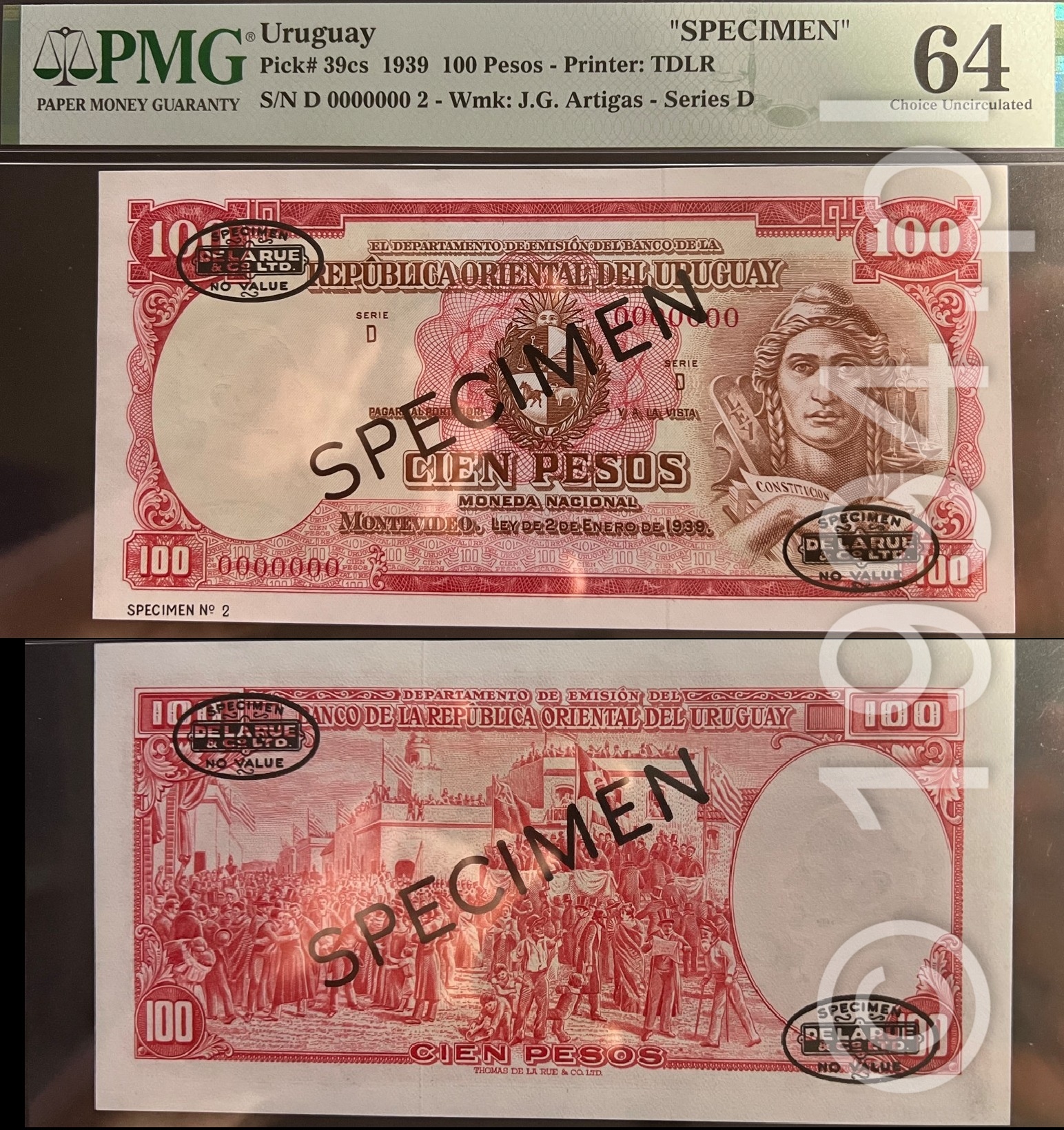 Uruguay 1939 Banco de la Republica Oriental del Uruguay 100 pesos specimen Pick 39cs Serie D with black diagonal SPECIMEN overprint and black De La Rue oval cancellation stamps on obverse and reverse