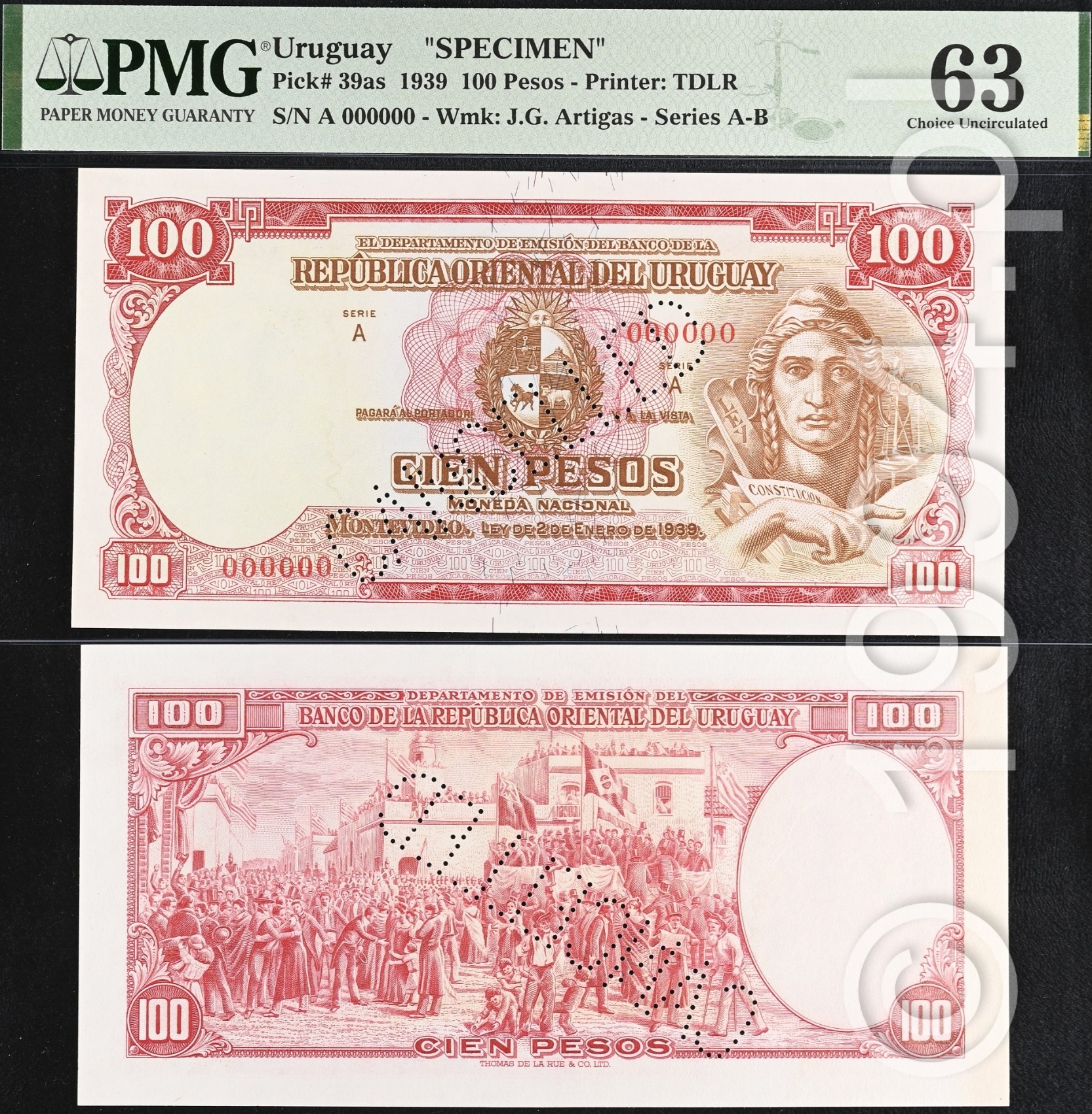 Uruguay 1939 Banco de la Republica Oriental del Uruguay 100 pesos specimen Pick 39as Serie A with perforated CANCELLED cancellation across obverse and reverse