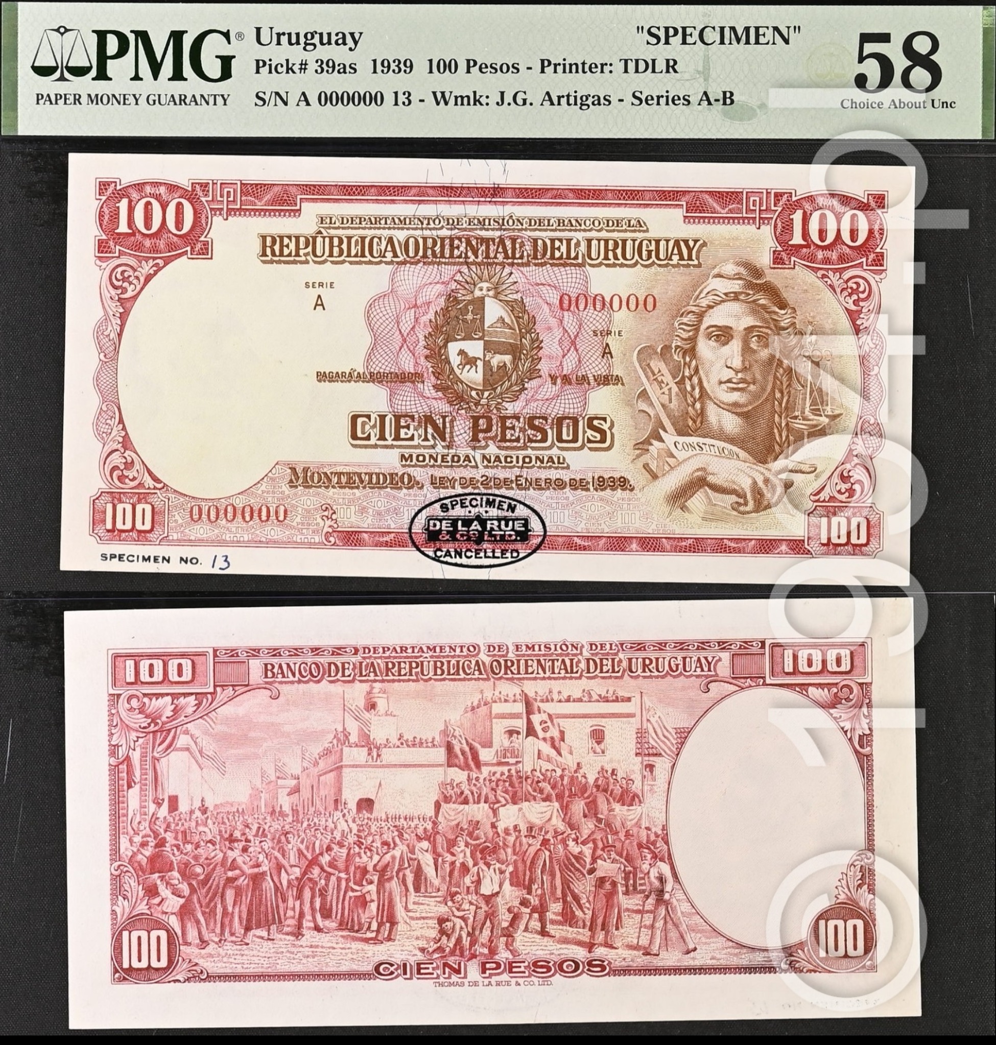 Uruguay 1939 Banco de la Republica Oriental del Uruguay 100 pesos specimen Pick 39as, Serie A, single black De La Rue CANCELLED oval stamp on obverse, Specimen No. 13, no diagonal overprint