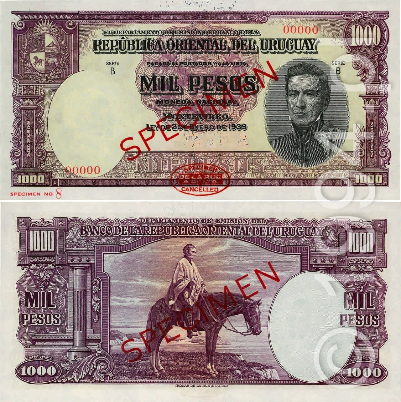 Uruguay 1939 Banco de la Republica Oriental del Uruguay 1000 pesos specimen Pick 41bs, Serie B, red diagonal SPECIMEN overprint and red De La Rue CANCELLED oval stamp, Specimen No. 8