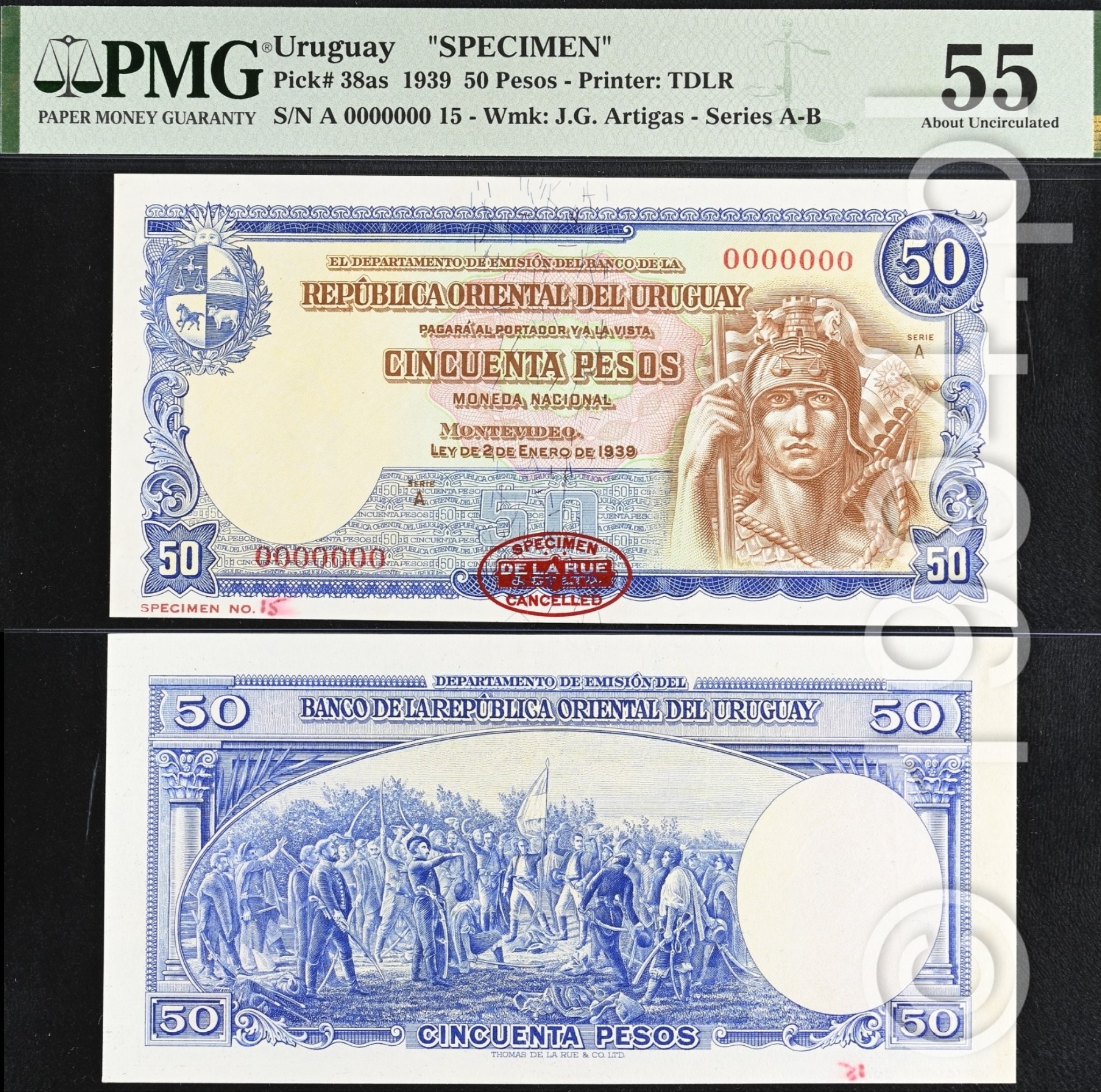 Uruguay 1939 Banco de la Republica Oriental del Uruguay 50 pesos specimen Pick 38as Serie A with red De La Rue oval CANCELLED stamp on obverse only and no reverse cancellation
