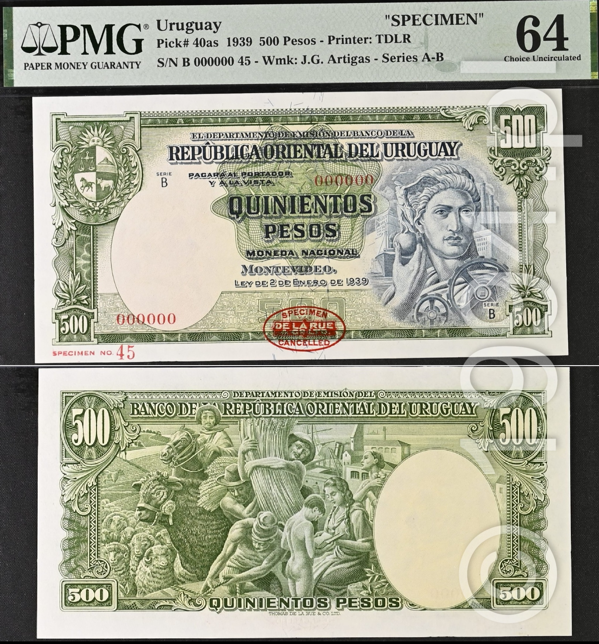 Uruguay 1939 Banco de la Republica Oriental del Uruguay 500 pesos specimen Pick 40as, Serie B, Specimen No. 45, all-zero serial with prefix B, red oval SPECIMEN DE LA RUE CANCELLED stamp on obverse, full agricultural reverse without specimen overprint, PMG 64 holder