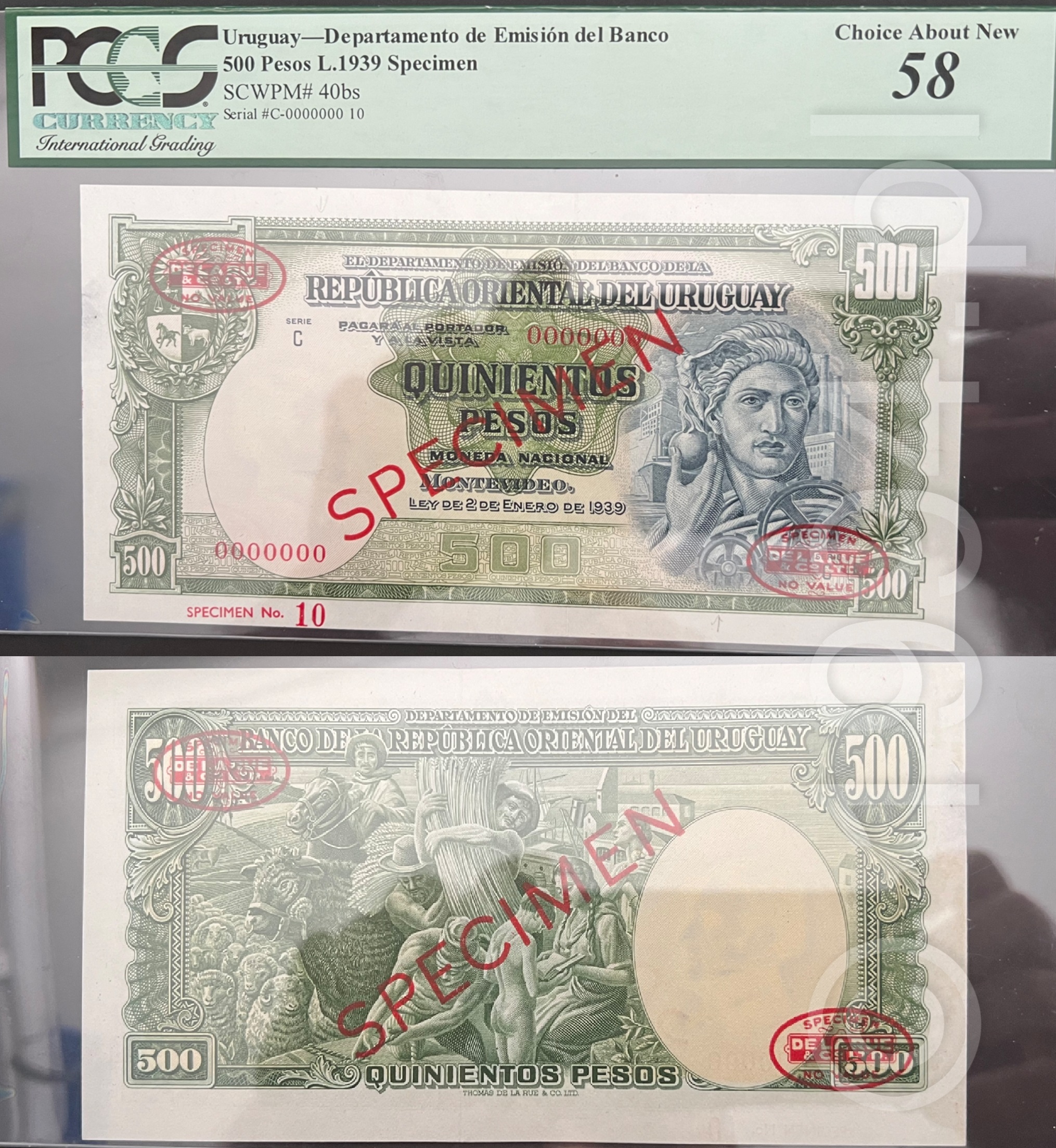 Uruguay 1939 Banco de la Republica Oriental del Uruguay 500 pesos specimen, Pick 40bs, Serie C, diagonal red SPECIMEN overprint with two red De La Rue CANCELLED oval stamps on obverse and reverse, Specimen No. 10