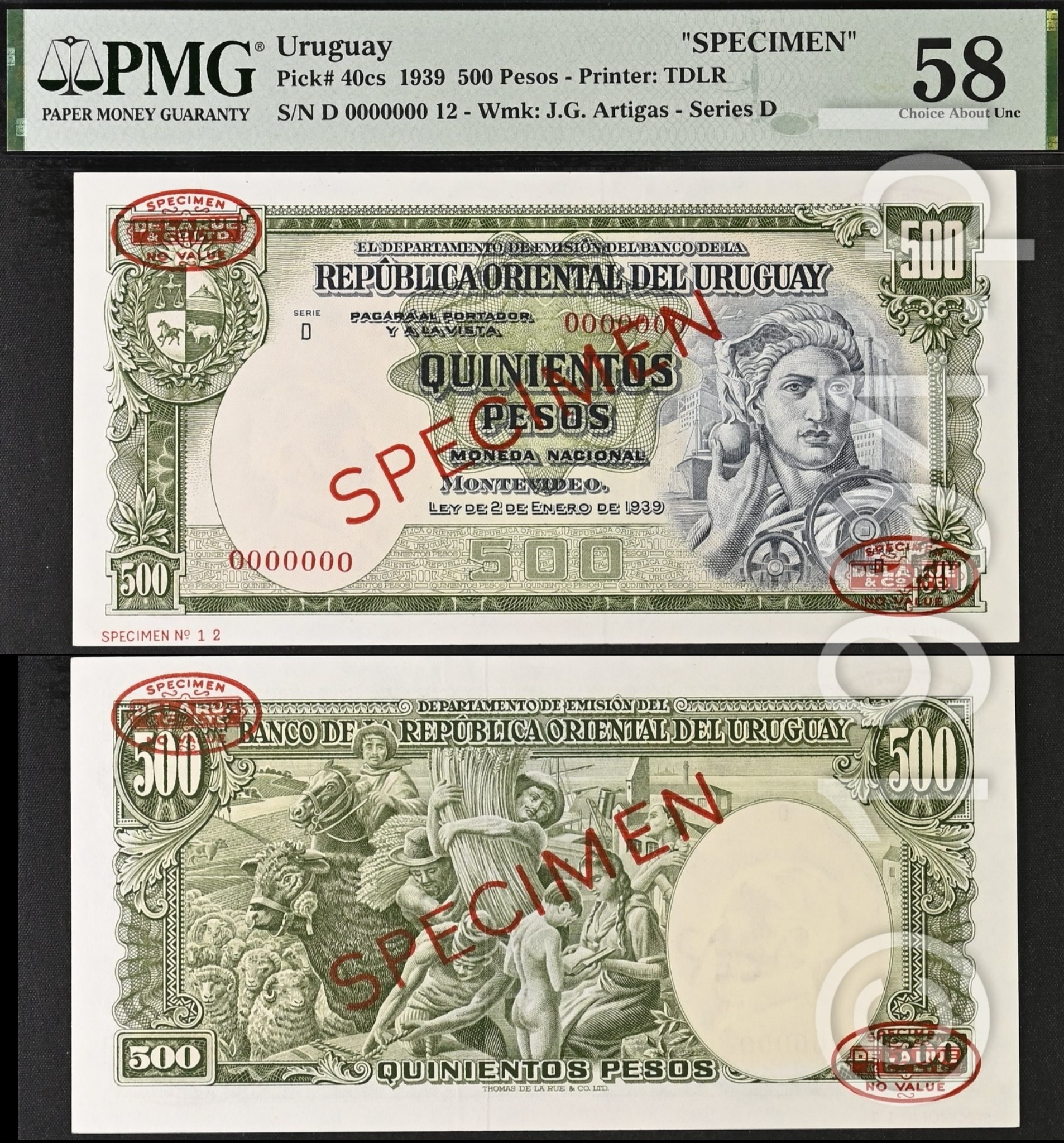 Uruguay 1939 Banco de la Republica Oriental del Uruguay 500 pesos specimen Pick 40cs, Serie D, diagonal red SPECIMEN overprint on both sides with red De La Rue CANCELLED oval stamps and Specimen No. 12