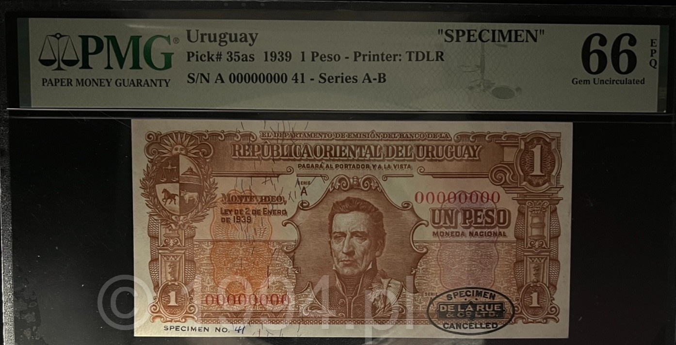 Uruguay 1939 Departamento de Emision del Banco de la Republica Oriental del Uruguay 1 Peso Serie A specimen, Specimen No. 41, Pick 35as, with all-zero serial numbers, black oval Thomas De La Rue printer control stamp, portrait of Jose Gervasio Artigas, national arms, and sailing-ship reverse, certified Paper Money Guaranty 66 Gem Uncirculated Exceptional Paper Quality