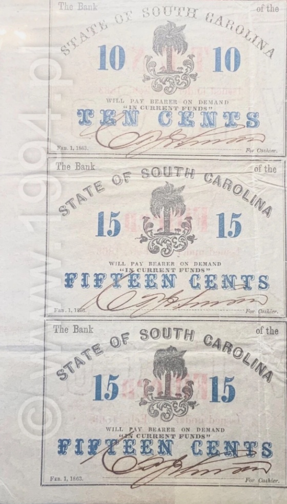 1863 Bank of the State of South Carolina uncut sheet with one 10c and two 15c notes