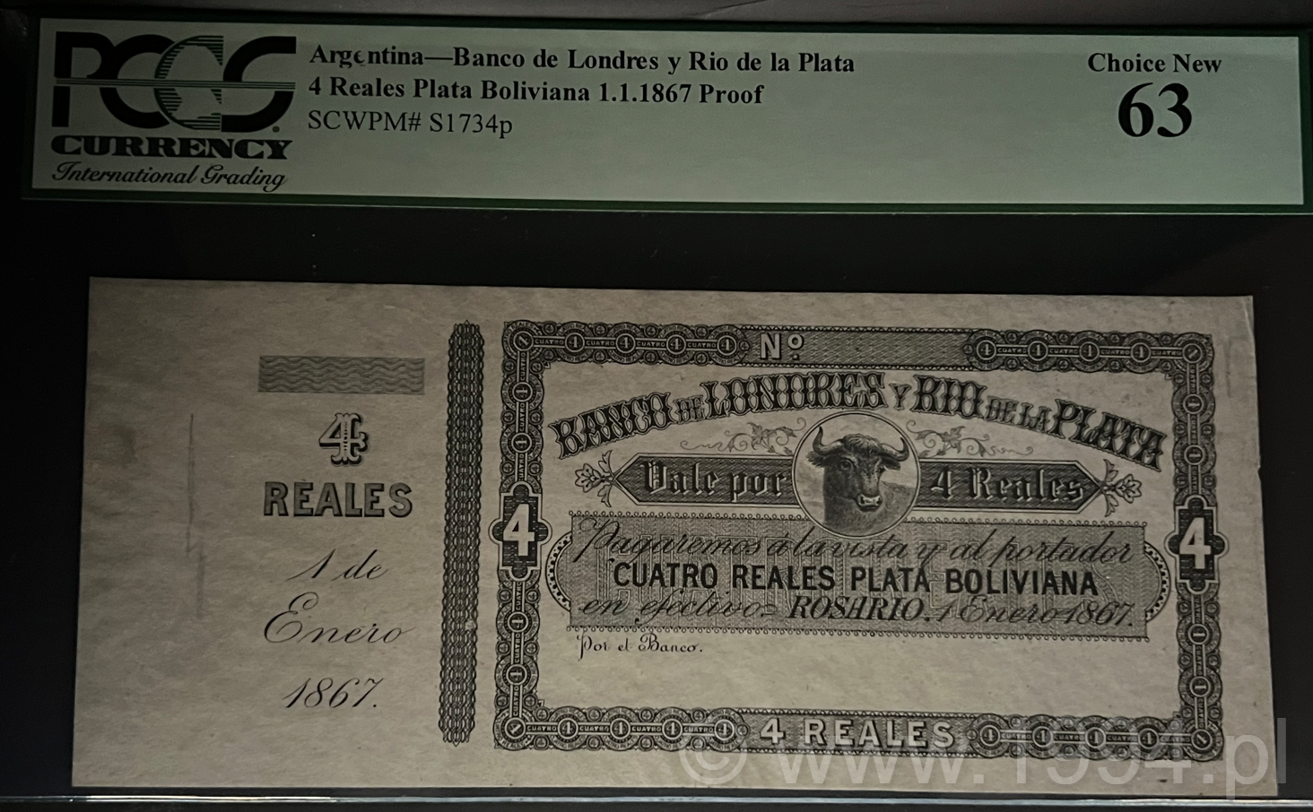 Argentina 1867 — Banco de Londres y Río de la Plata 4 Reales Plata Boliviana (Proof)