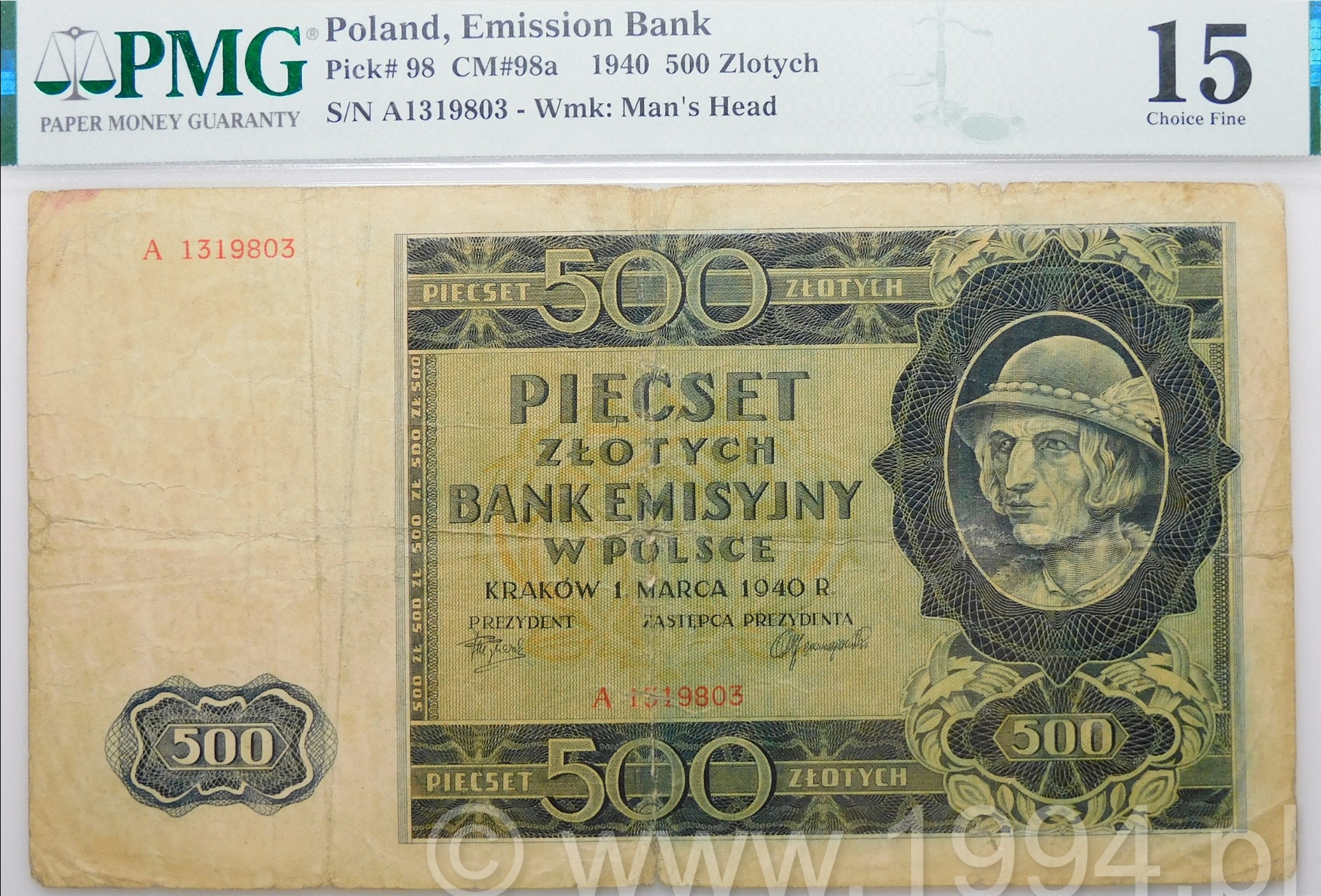 Poland 1940 — 500 Złotych, Series A with Counterfeit Numbering (Pick 98a, PMG 15)