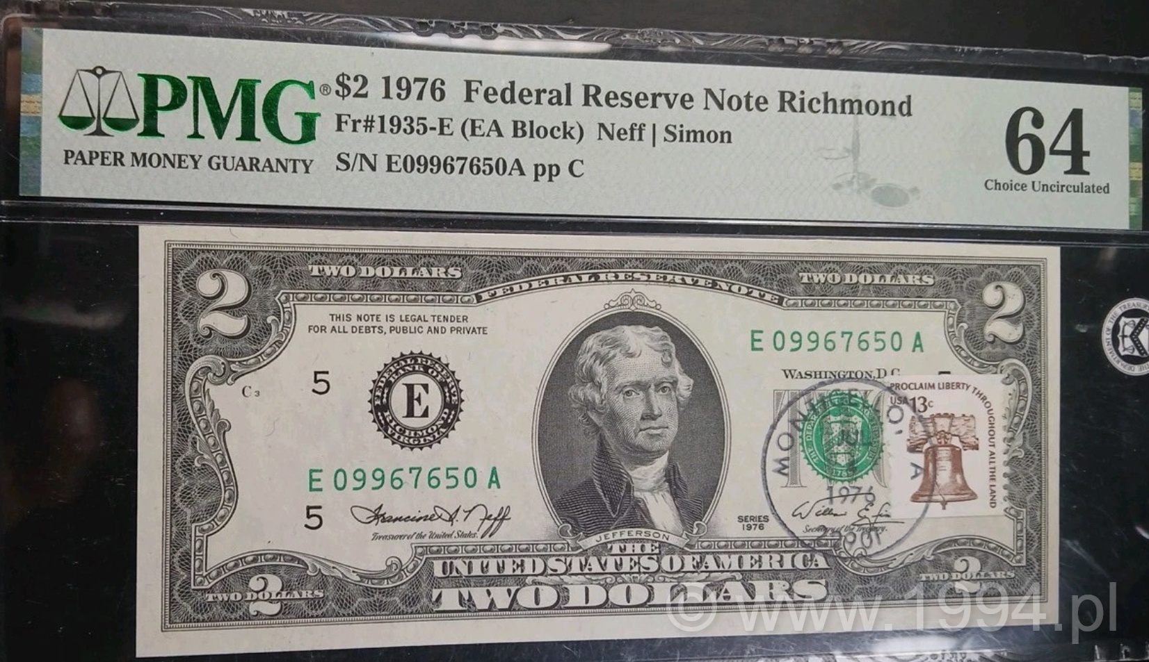 United States 1976 2 Dollars Bicentennial Issue, Richmond District, First Day of Issue stamped with 13-cent Liberty Bell, PMG 64 Choice Uncirculated, Jefferson portrait and green Treasury seal