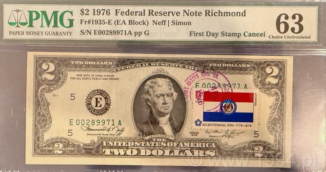 United States 1976 2 Dollars Bicentennial Issue, Richmond District, First Day Stamp Cancel with Missouri flag, PMG 63 Choice Uncirculated, featuring Jefferson portrait, green Treasury seal, and Bicentennial state stamp