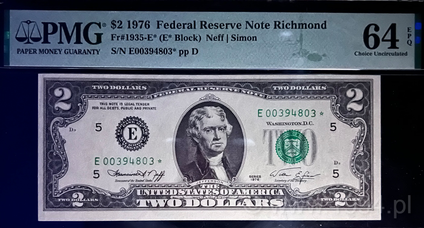 United States 1976 2 Dollars Bicentennial Issue, Richmond District star replacement note, PMG 64 EPQ Choice Uncirculated, showing Jefferson portrait and vivid green Treasury seal