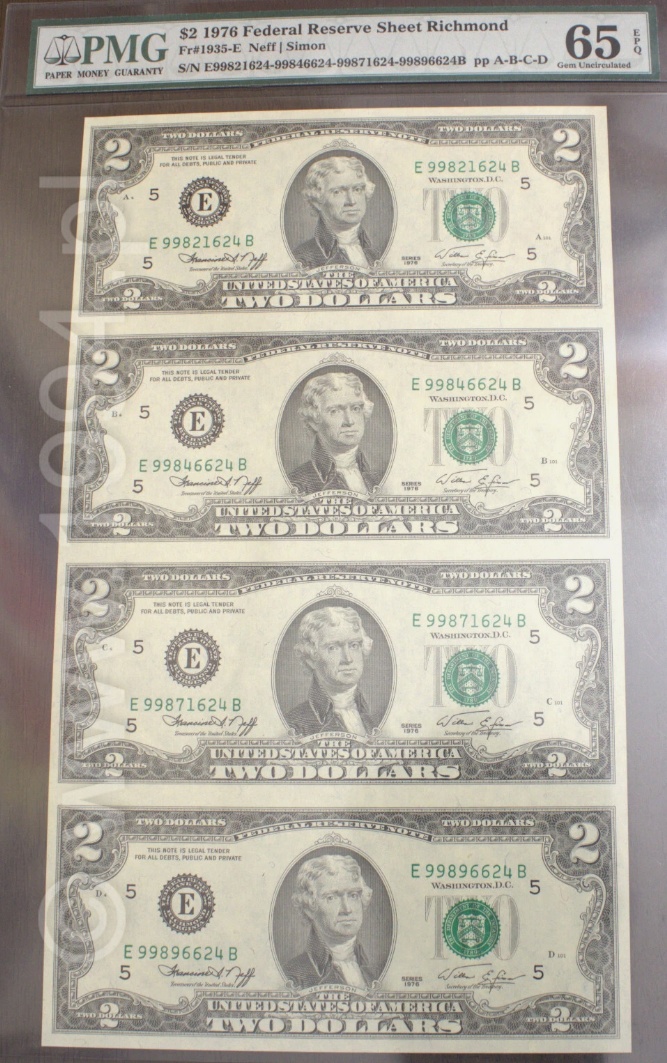 United States 1976 2 Dollars Bicentennial Issue, Richmond District uncut four-note sheet, PMG 65 EPQ Gem Uncirculated, showing consecutive Jefferson portraits and vivid green Treasury seals