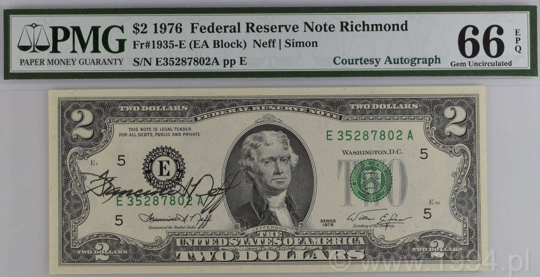United States 1976 Bicentennial 2 Dollars Federal Reserve Note, Richmond District, Francine Neff courtesy autograph, PMG 66 EPQ Gem Uncirculated, featuring Jefferson portrait and reverse with Declaration of Independence scene