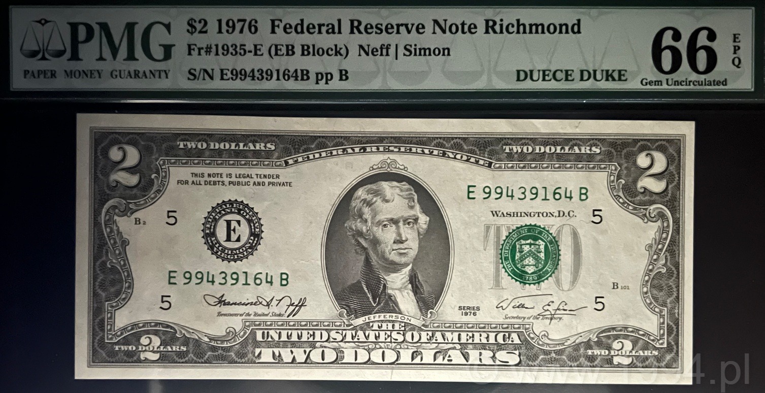 United States 1976 Bicentennial 2 Dollars Federal Reserve Note, Richmond District “DUECE DUKE” pedigree, PMG 66 EPQ Gem Uncirculated, showing Jefferson portrait and Declaration of Independence reverse
