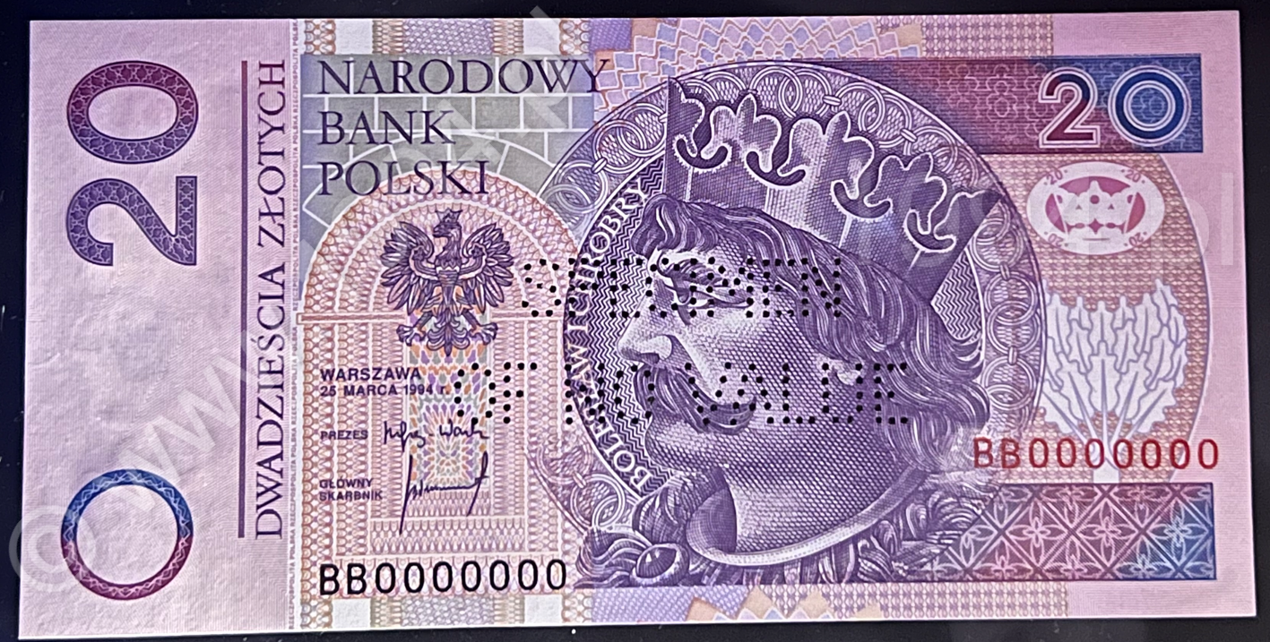 Polska 1994, banknot 20 zł, specimen, prefiks BB, perforacja SPECIMEN OF NO VALUE, Miłczak: nienotowany, Pick: nienotowany