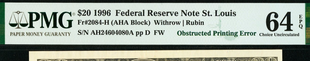 PMG certification label for the Del Monte $20 error note graded 64 EPQ