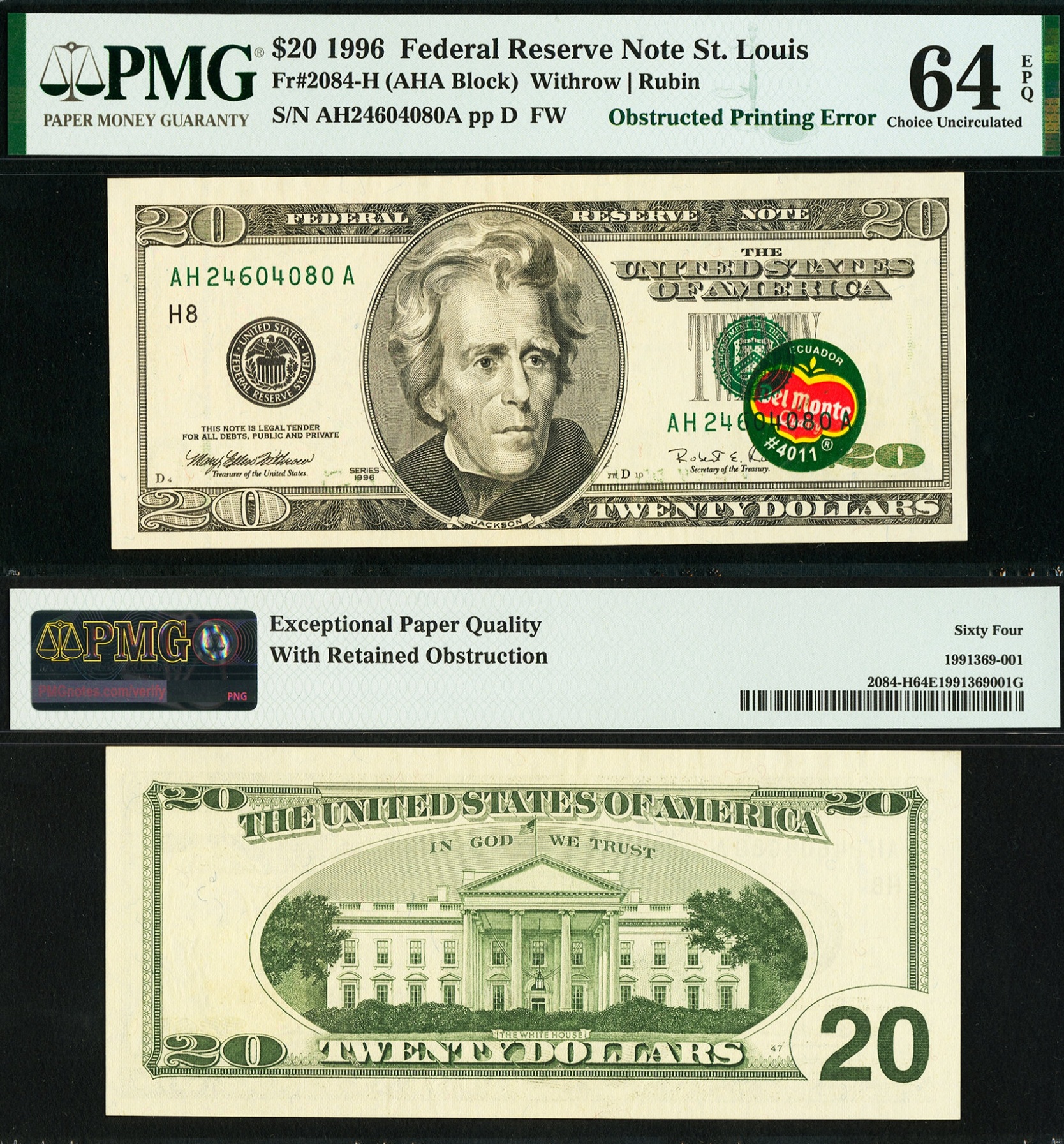 Del Monte $20 error note sealed in PMG holder, front and back views