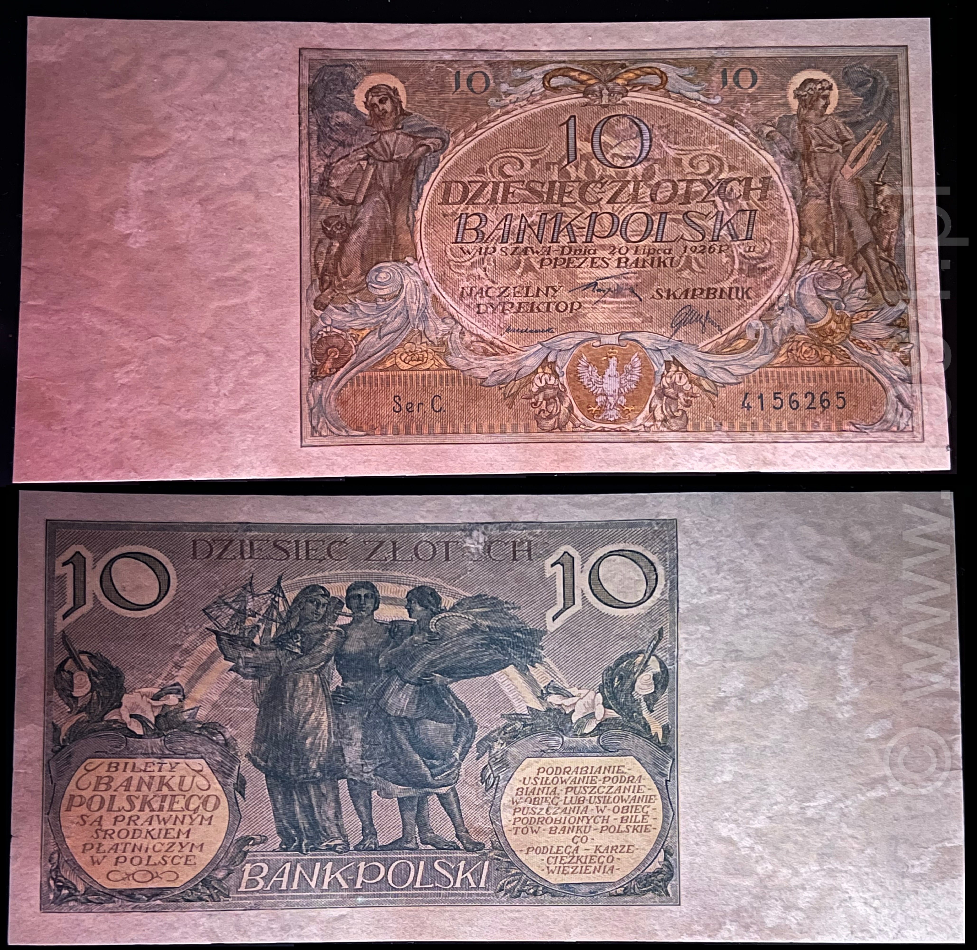 Poland 1926 10 Zlotych, rare '992–1025' watermark — professionally restored; intact ink texture and balanced tonality