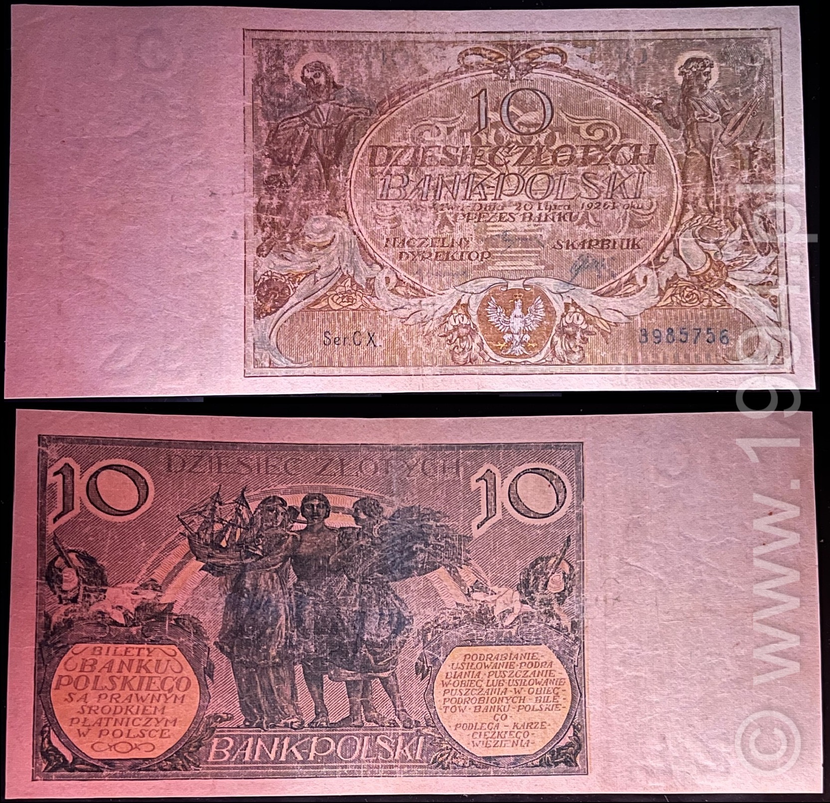 Poland 1926 10 Zlotych, regular '10 zl' watermark — over-restored; pigment lift and matte surface in dark fields