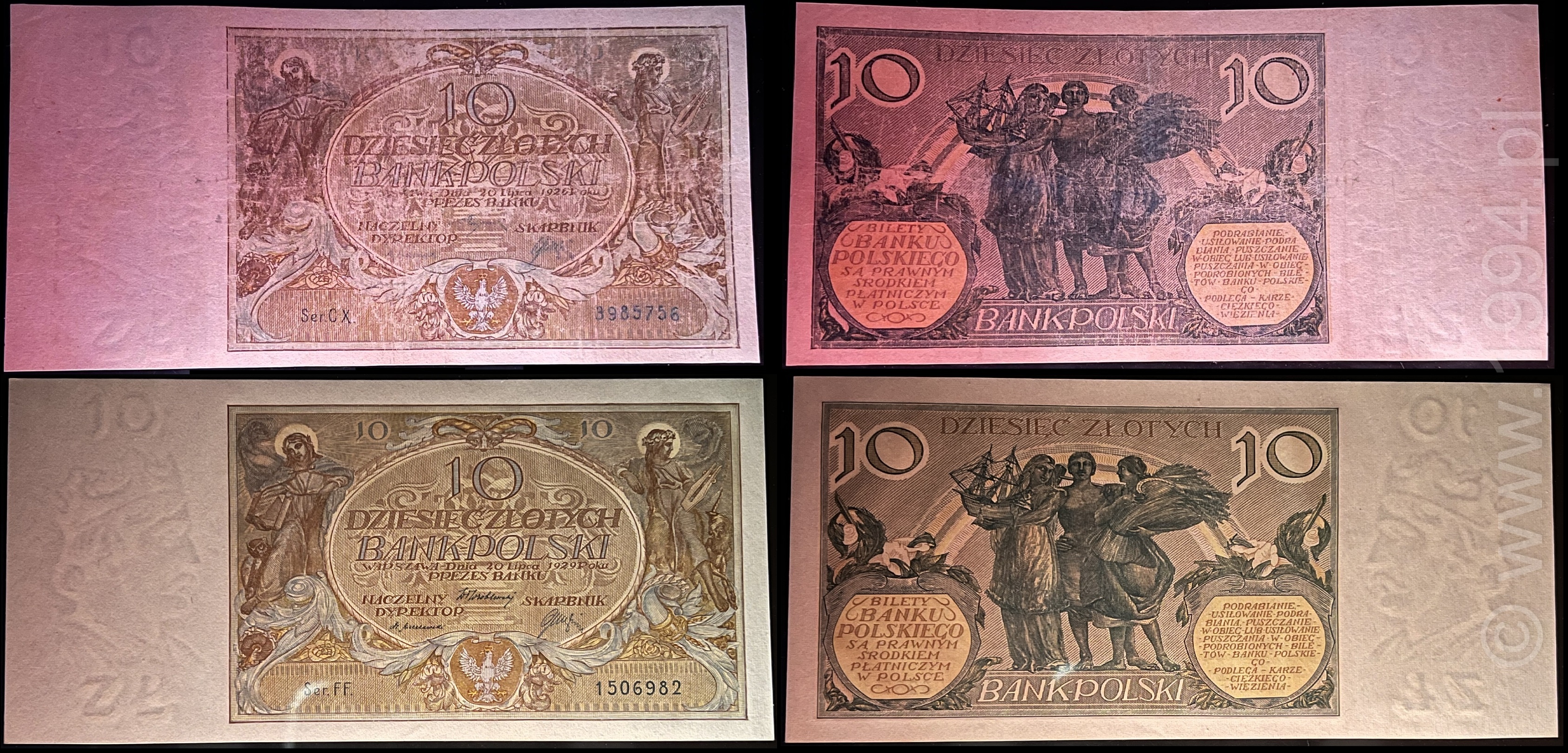 Poland 1926 10 Zlotych — over-restored example: surface and pigment loss visible across dark fields