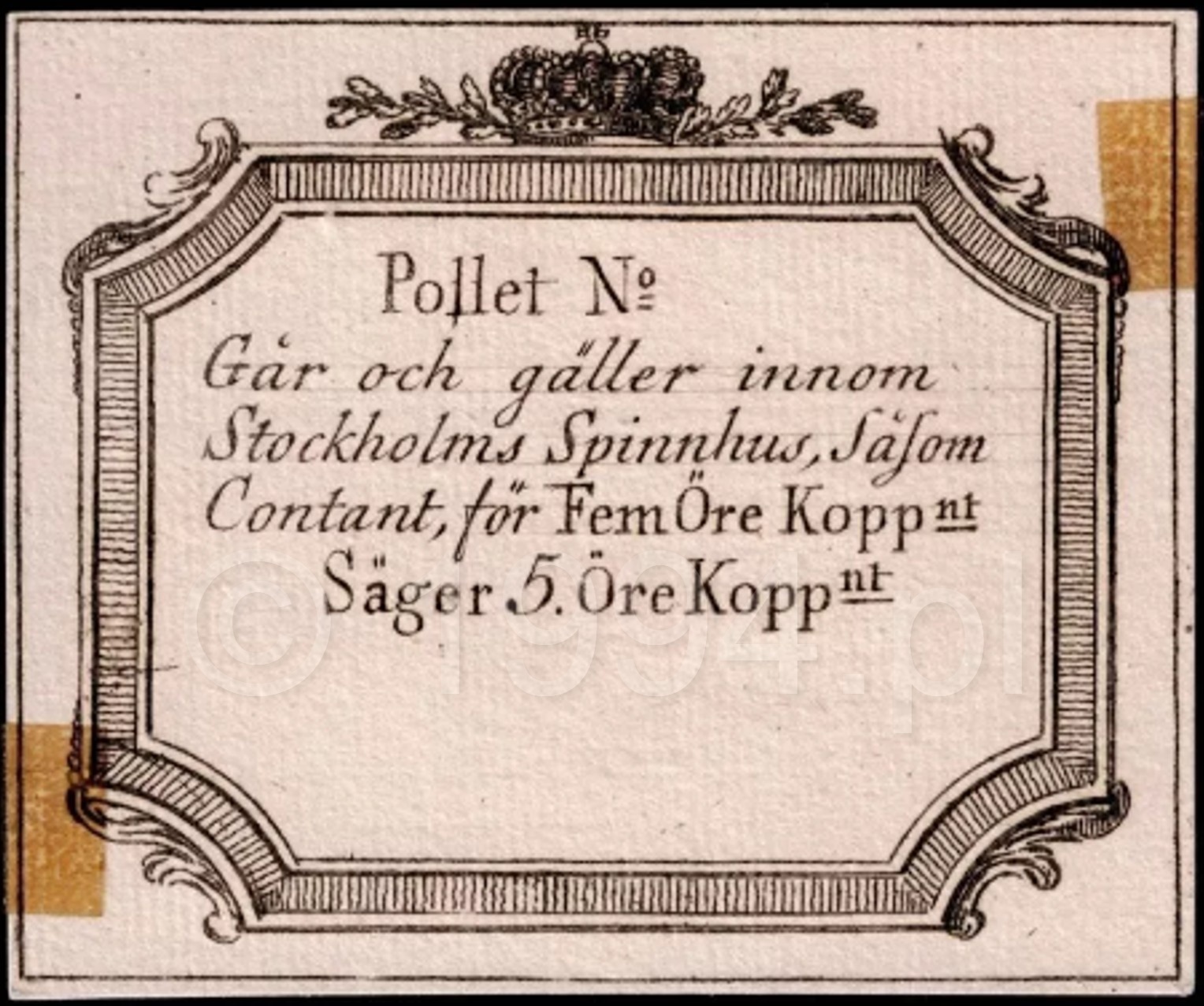 Stockholm Spinnhus five öre pollett note circa 1785
